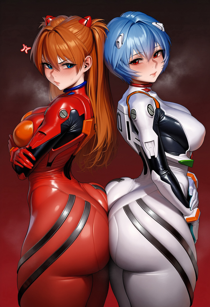2girls, ai generated, ass, ass-to-ass, asuka langley sohryu, blue eyes, blue hair, blush, bodysuit, duo, fat ass, female only, huge ass, interface headset, kimoigaijin, lipgloss, lips, neon genesis evangelion, orange hair, plugsuit, red eyes, rei ayanami, standing, thick thighs, twintails