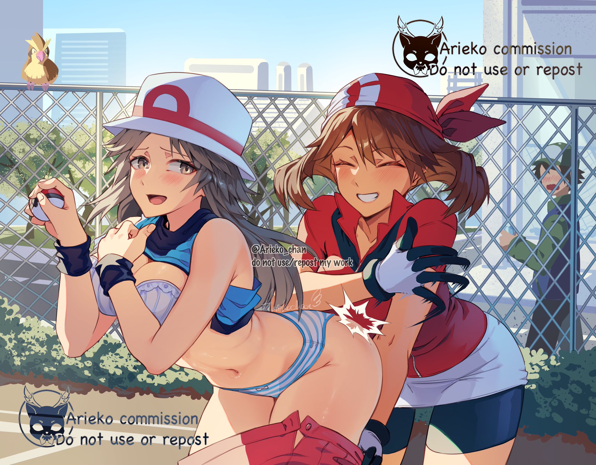 2girls, ariekochan, ass, bandana, bra, breasts, brown hair, cleavage, embarrassed, female, female only, girlfriends, grin, hat, leaf (pokemon), may (pokemon), panties, pokeball, pokemon, pokemon frlg, pokemon rse, public, public exposure, public indecency, skirt down, skirt pull, skirt removed, slapping ass, slapping butt, spanking, underwear, yuri