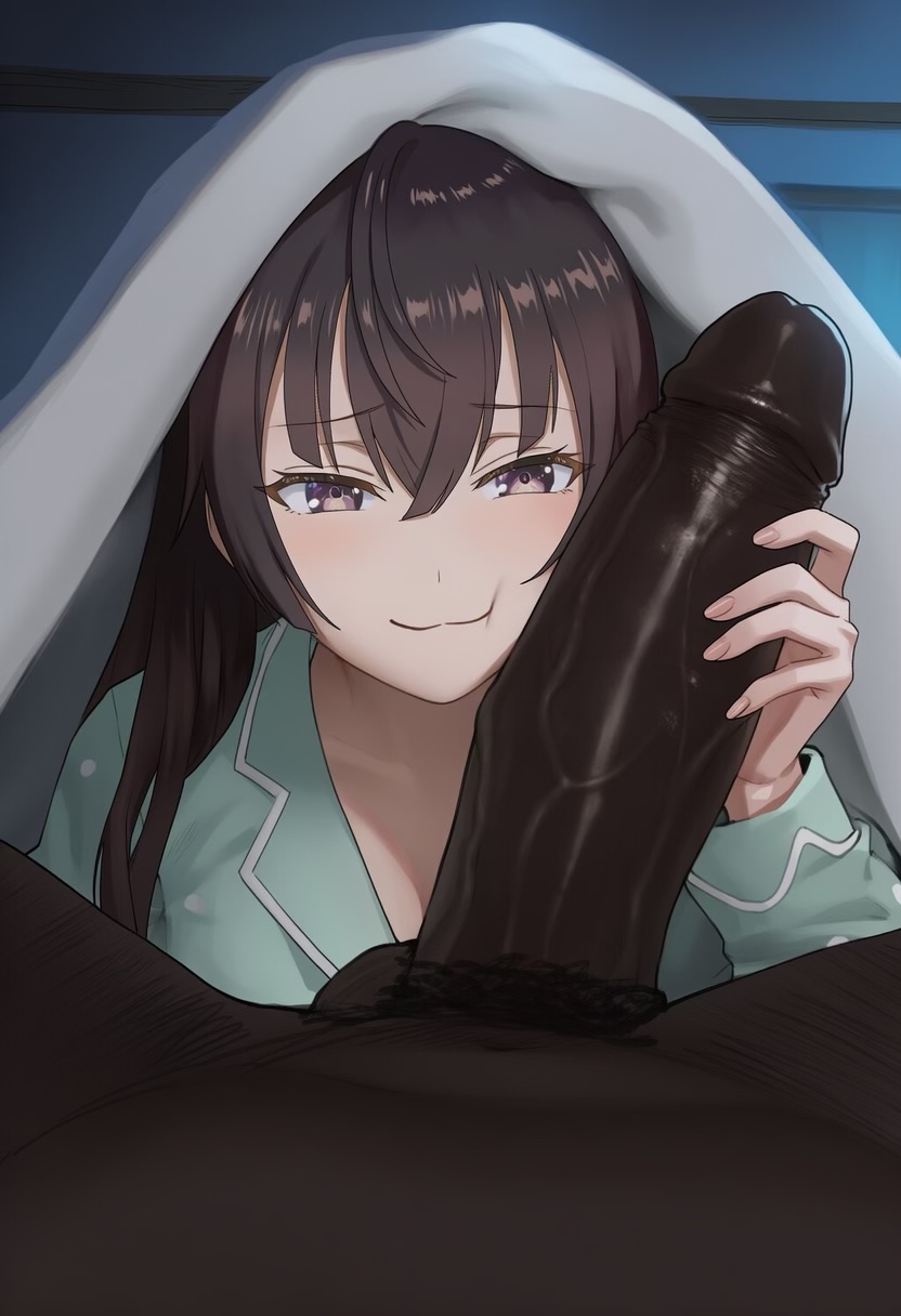 1boy, 1boy1girl, 1girls, ai generated, bedroom, between legs, close-up, cock worship, dark-skinned male, dim lighting, fat male, girthy penis, hairy male, half-closed eyes, indoors, interracial, large penis, looking at viewer, male pubic hair, male/female, medium breasts, netorare, night, ntr, pajamas, penis grab, penis on face, pov, pov crotch, room, smile, snapchat, sneaky, solo focus, straight, suou yuki, testicles, text, tokidoki bosotto russian de dereru tonari no alya-san, under covers, veiny penis, waroffree