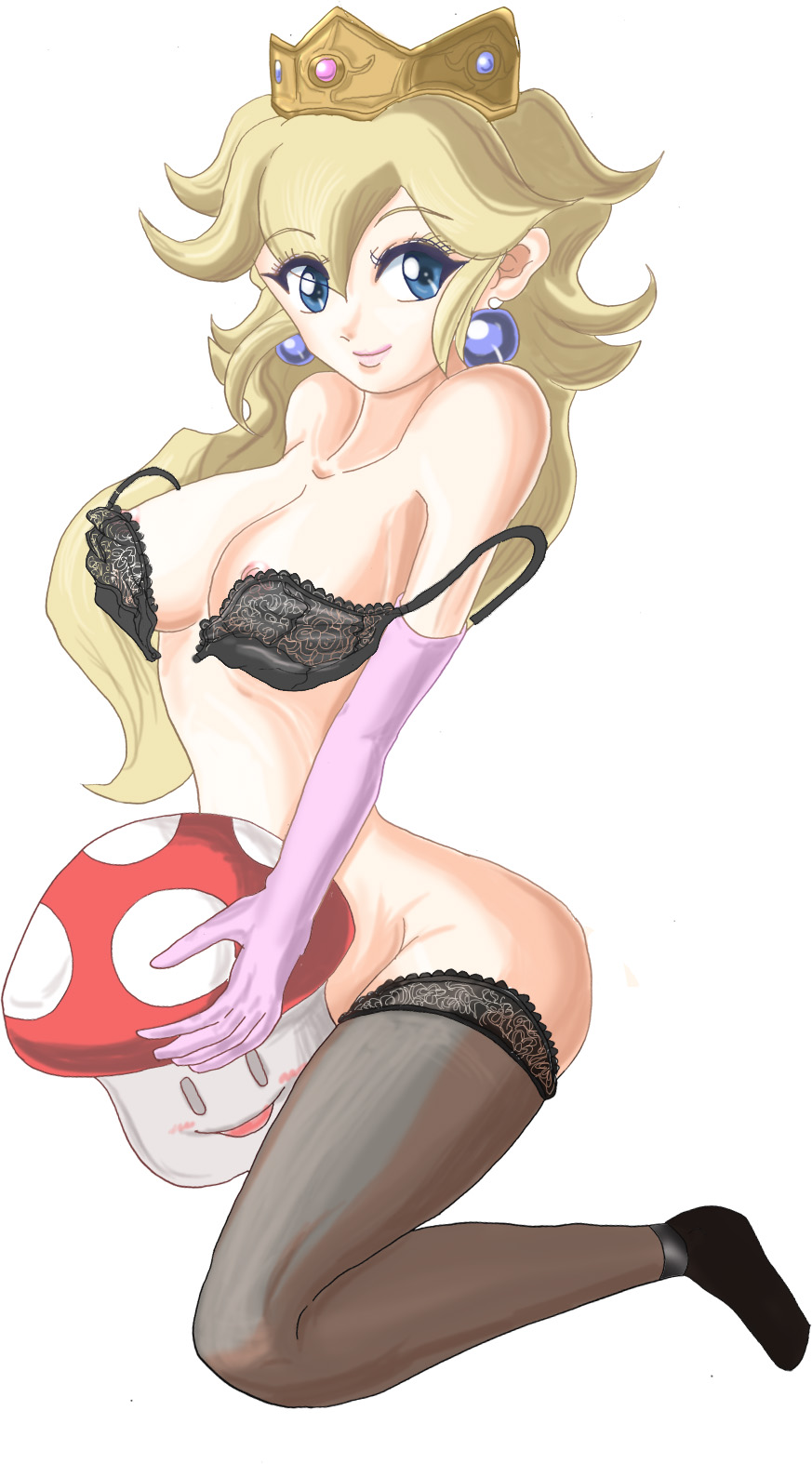 blonde_hair blue_eyes bra breasts crown elbow_gloves female female_only human lace lace-trimmed_bra lace-trimmed_thighhighs large_breasts long_hair mario_(series) mushroom nintendo no_panties princess_peach smile solo super_mario_bros. tansoku102cm thighhighs