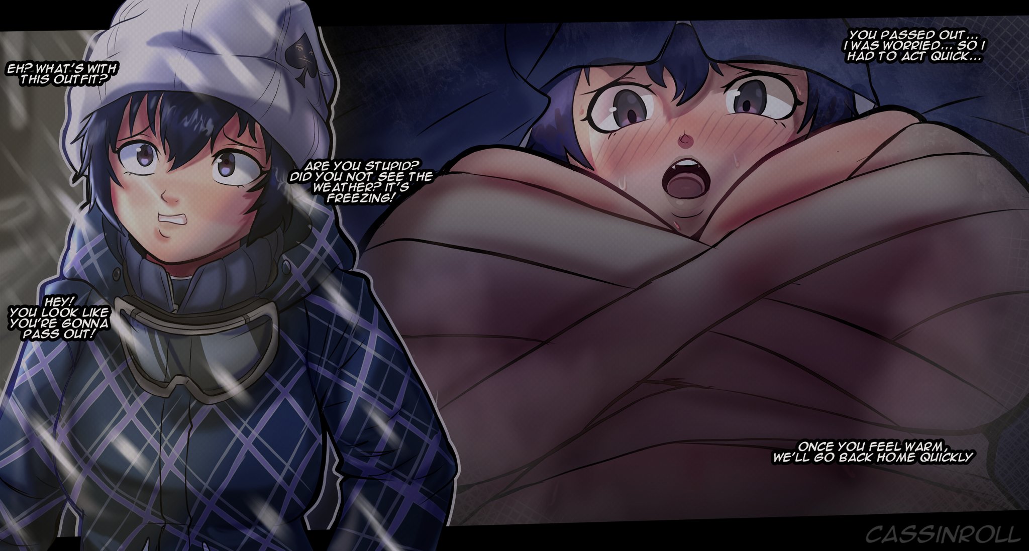 1girls, bandages, big breasts, blue eyes, blue hair, breasts, busty female, cassinroll, clothing entrapment, dialogue, female, female only, hat, hi res, inside clothing, light skin, light-skinned female, looking at viewer, musk, musk clouds, persona, persona 4, pov, shared clothes, shirogane naoto, short hair, sweatdrop, sweating, tagme, tomboy, uncensored, under clothes