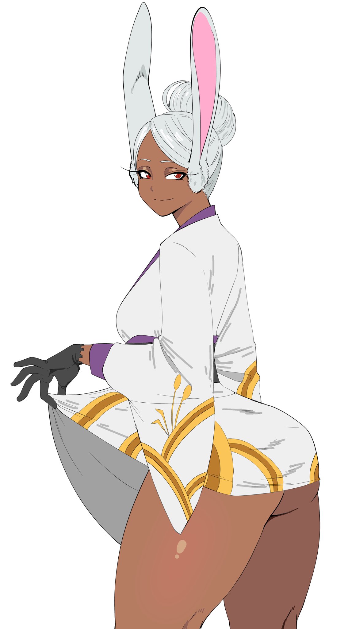 alternate costume, alternate hairstyle, animal ears, ass, black gloves, boku no hero academia, breasts, commentary, dark skin, dark-skinned female, english commentary, female, female only, from side, gloves, hair bun, highres, japanese clothes, kimono, large breasts, lifting own clothes, long eyelashes, long hair, looking at viewer, mirko, miruko, my hero academia, octavius (octavius dp), octavius dp, parted bangs, print kimono, purple sash, rabbit ears, rabbit girl, red eyes, rumi usagiyama, sash, smile, solo, thick thighs, thighs, toned, toned female, white hair, white kimono