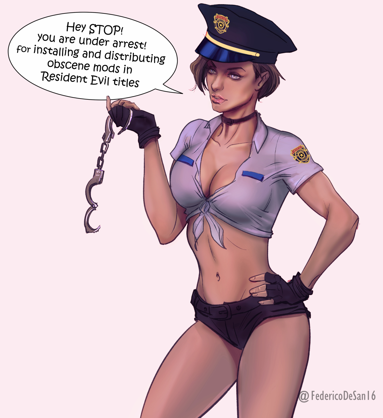 1girls, 4th wall breaking, big breasts, booty shorts, breasts, brown hair, capcom, cleavage, desantiart, english text, female, female only, handcuffs, jill valentine, midriff, navel, police, police hat, police officer, police uniform, policewoman, resident evil, revealing clothes, short shorts, shorts, skimpy, text, tied shirt