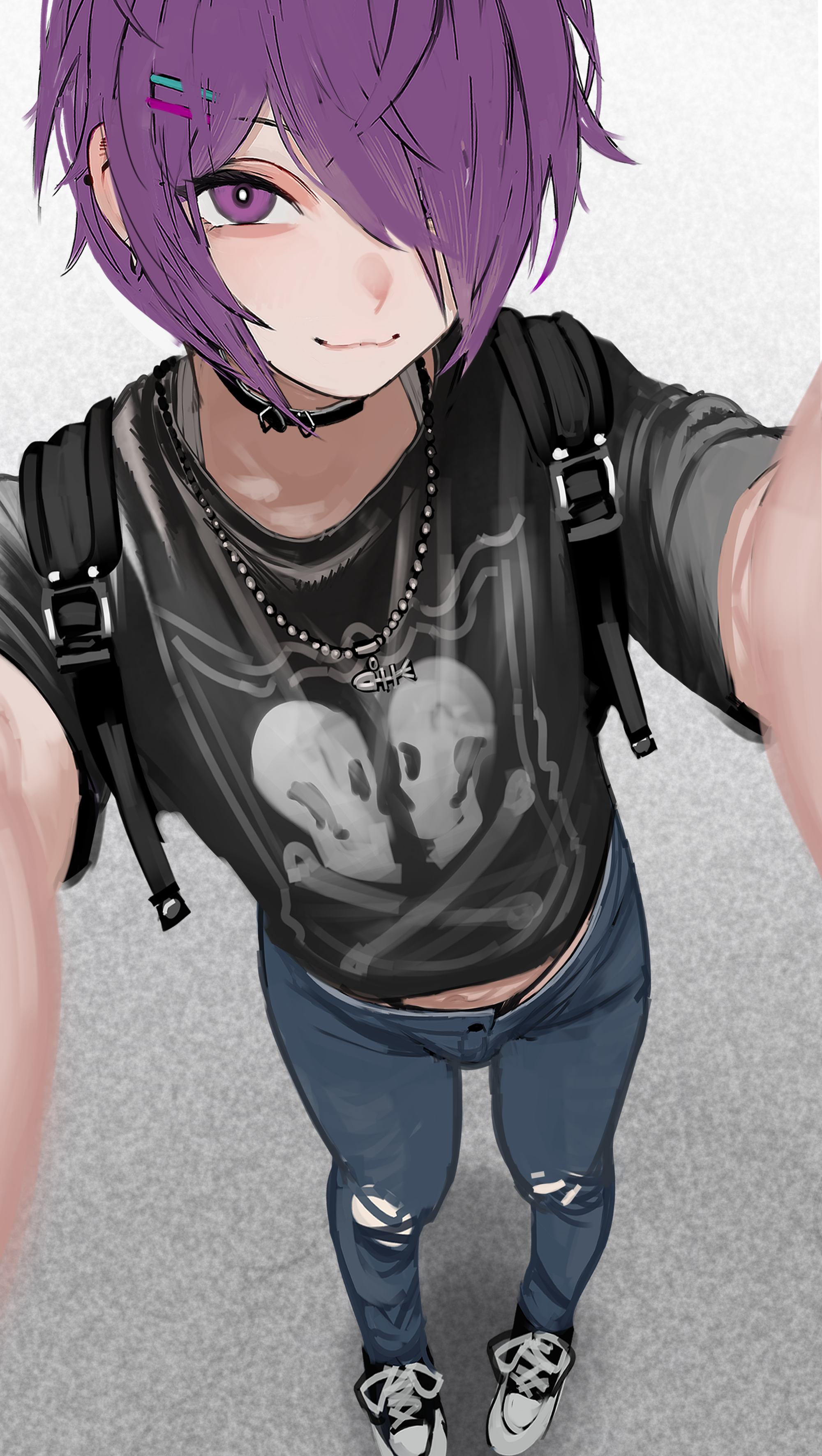 :3, 1boy, 2d, 2n5, blue hair, choker, femboy, hairclip, looking at viewer, one eye obstructed, purple eyes, ripped pants, selfie, sfw, short hair, simple background, trap