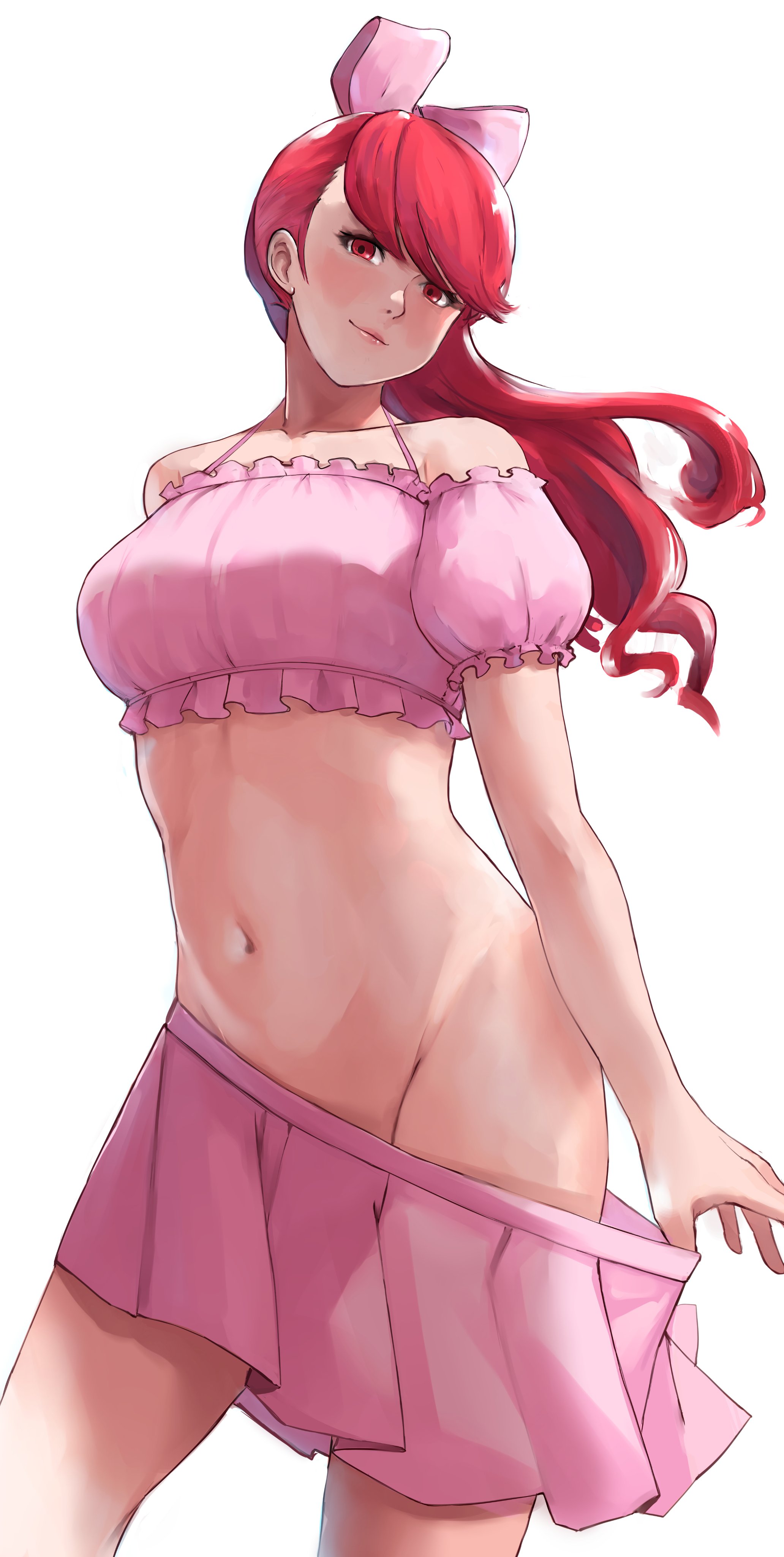 1girls, bangs, bare shoulders, bikini, blush, bow, breasts, collarbone, female, female only, groin, hair bow, kasumi yoshizawa, long hair, looking at viewer, navel, persona, persona 5, pink bow, pink skirt, pink swimsuit, pleated skirt, ponytail, red eyes, red hair, skirt, smile, solo, standing, sumire yoshizawa, sumire yoshizawa (swimsuit), swept bangs, swimsuit, xiiicaelum