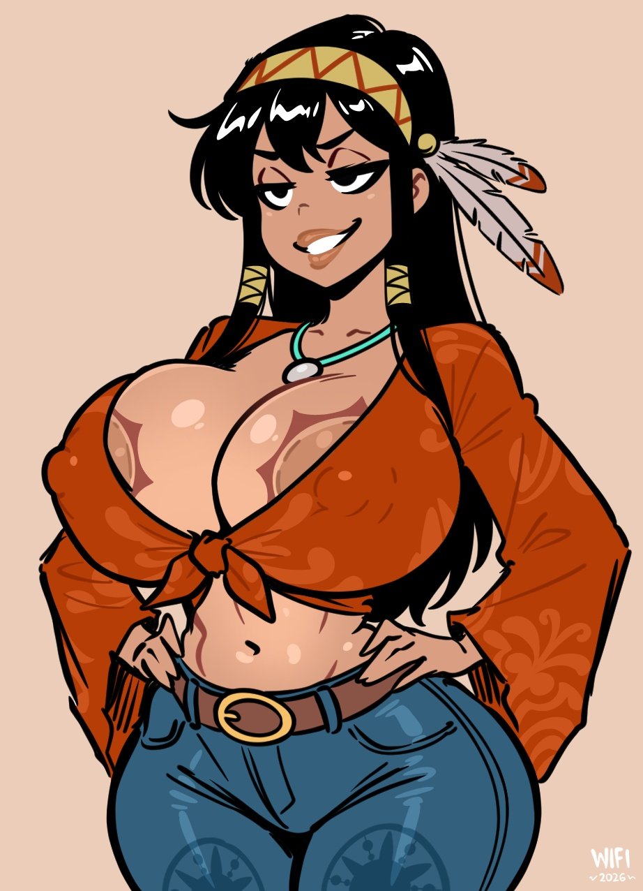 1girls, 2026, artist name, ass, atomickingboo, belt, bethany hummingbird, big ass, big breasts, black hair, black hair female, black-haired female, breasts, clothed, clothed female, clothing, crop top, english, english text, female, female focus, female only, fully clothed, fully clothed female, hand on hip, hands on hips, headband, jeans, long sleeves, native american, native american clothing, native american female, native american headdress, oc, original, original character, solo, solo female, solo focus, tan body, tan skin, tan-skinned female, text, thick thighs, thighs, tribal, tribal headdress, tribal markings, tribal necklace, tribal tattoo, tribal tattoos, wifi