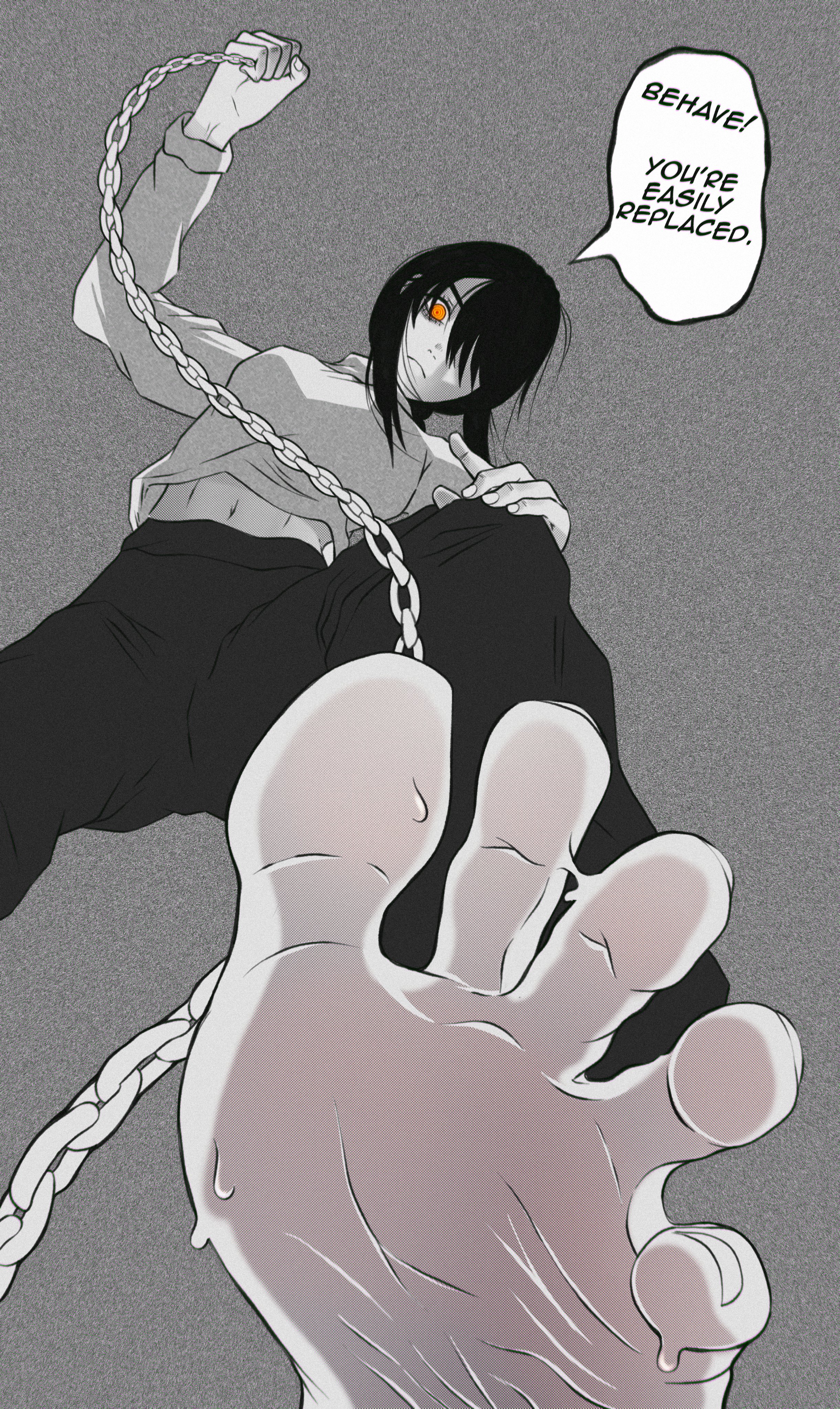 barefeet, barefoot, black hair, black hair female, butterlewds, chains, chainsaw man, clothed, clothed female, extreme size difference, feet, feet focus, feet up, female, female focus, female only, foot, foot fetish, foot focus, giantess, hair over one eye, imminent crush, looking down, looking down at viewer, micro, micro pov, nayuta (chainsaw man), shrunken, shrunken person, size difference, soles, sweaty, sweaty feet, toes, toes spread
