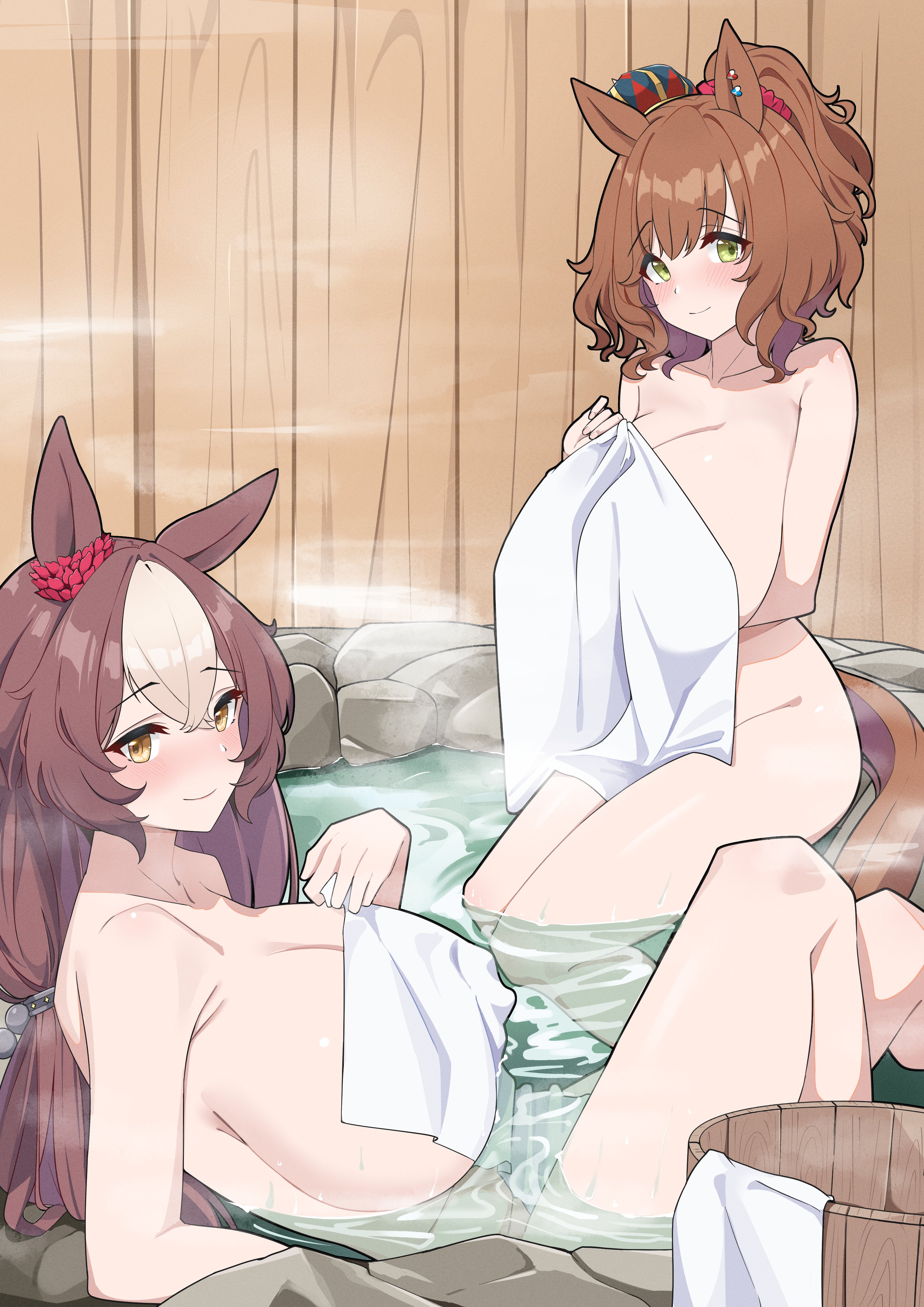 2girls, aston machan (umamusume), blush, brown eyes, brown hair, bucket, crown, earrings, female, female only, green eyes, hand up, holding object, horse ears, horse girl, horse tail, keycccat, light skin, light-skinned female, long hair, nude, nude female, onsen, partially submerged, ponytail, scrunchie, sharp fingernails, short hair, streaked hair, tail, towel, towel only, twintails, umamusume, wet, wet body, white streak, yamanin zephyr (umamusume)