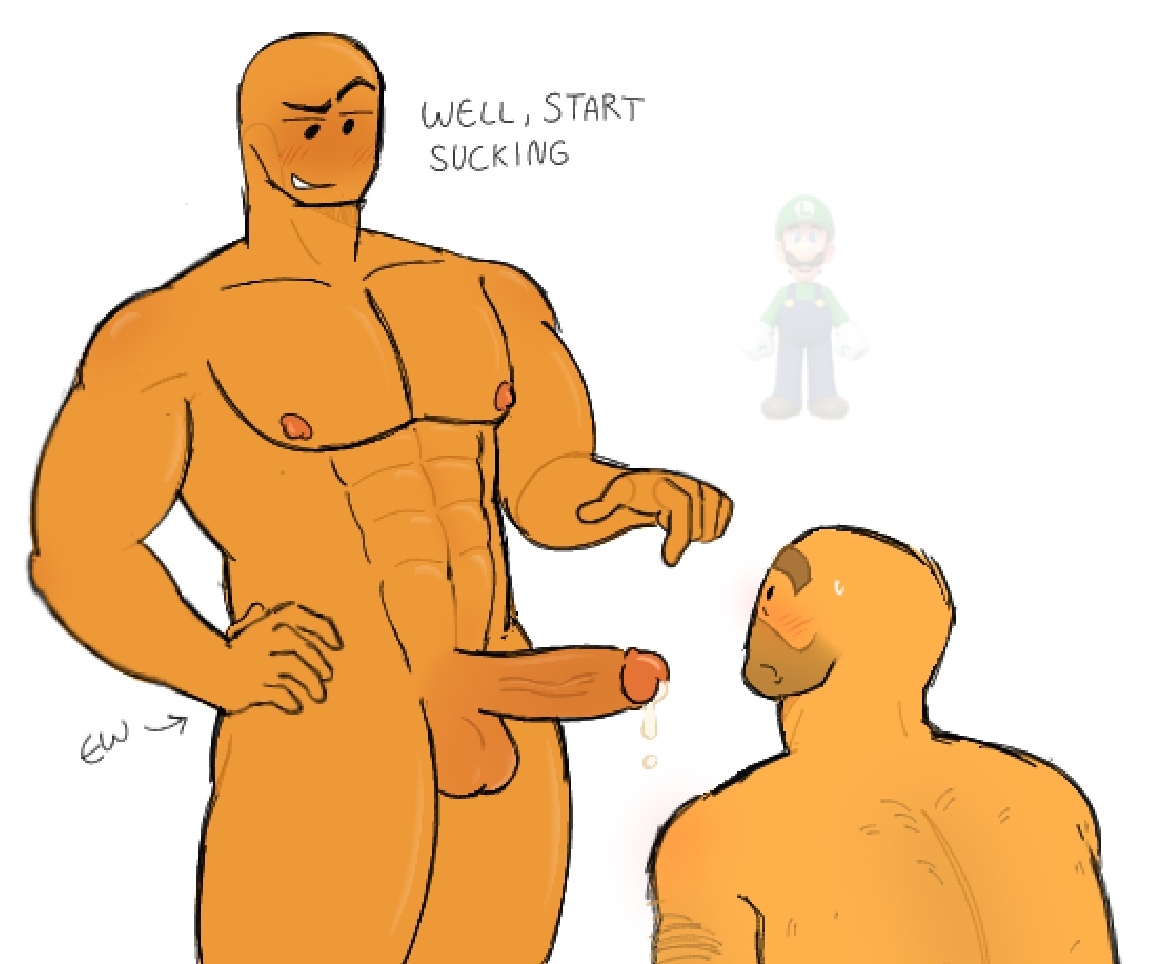 2boys, 5 o'clock shadow, abs, accelerator (tds), balls, dialogue, dripping precum, english text, erection, evil spongebob2, gay, inminent blowjob, kneeling, looking up, luigi, male only, minigunner (tds), muscular, muscular male, naked, nipples, nude, penis, penis out, roblox, roblox game, robloxian, standing, text, tower defense simulator