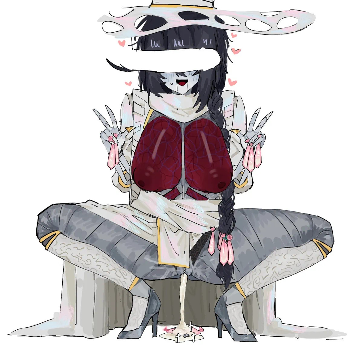1boy, 1girls, after sex, big breasts, big hat, brimmed hat, cock awe, condom, condom accessories, condom belt, condom hair ornament, condom humiliation, condom tied to hair, cum, cum drip, cum dripping, cum dripping out of pussy, cum in pussy, heterochromia, holding condom, holding object, hong lu (limbus company), honglulove, innards, jade eyes, kneeling, limbus company, loose clothes, loose fit, loose fitting, mechanical, missing eye, nervous sweat, peace sign, project moon, prosthetic, prosthetic arm, raised arm, ring nursefather id, robe, rule 63, scarf, semen, skeletal hand, sparkles, squatting, synthetic pussy, tagme, tall hat, tied hair, unseen male face, visible breasts, visible muscles