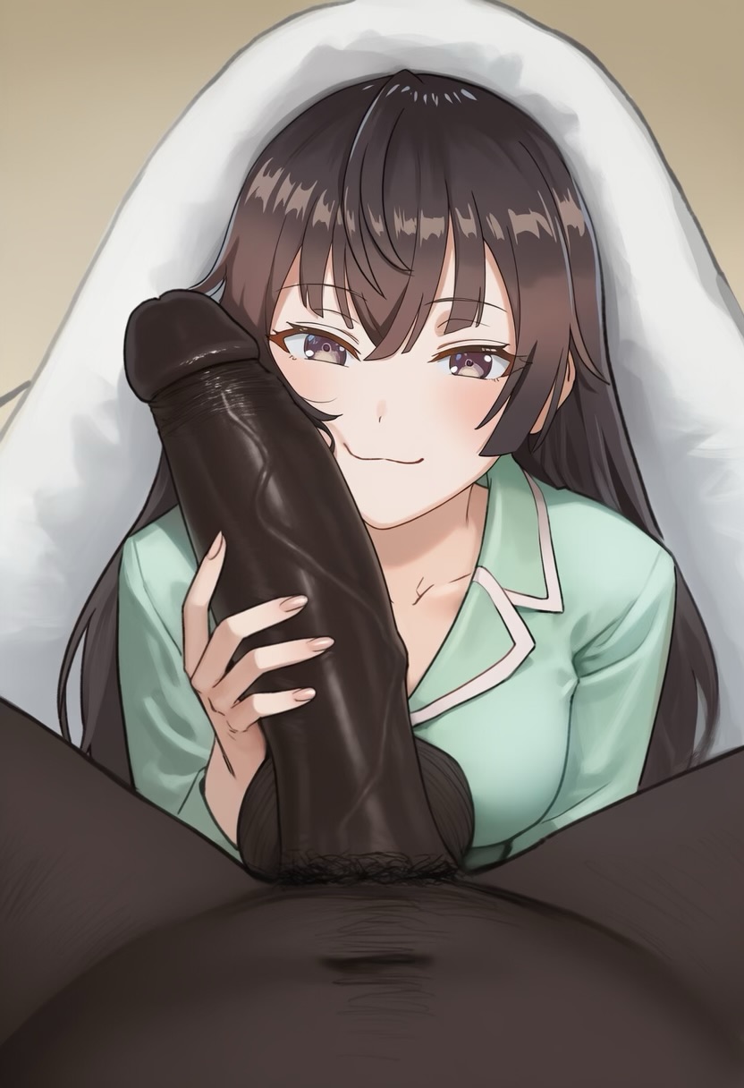 1boy, 1boy1girl, 1girls, ai generated, bedroom, between legs, close-up, cock worship, dark-skinned male, dim lighting, fat male, girthy penis, hairy male, indoors, interracial, large penis, looking at viewer, male pubic hair, male/female, medium breasts, netorare, ntr, pajamas, penis grab, penis on face, pov, pov crotch, room, smile, snapchat, sneaky, solo focus, straight, suou yuki, testicles, text, tokidoki bosotto russian de dereru tonari no alya-san, under covers, veiny penis, waroffree