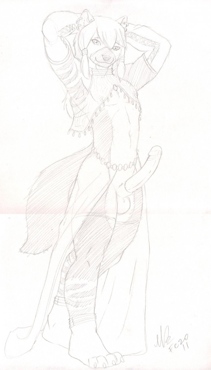 2011 anthro anthro_only arabian balls bottomless femboy furry gideon half_nude hyena lacy male monochrome penis sketch solo traditional_media