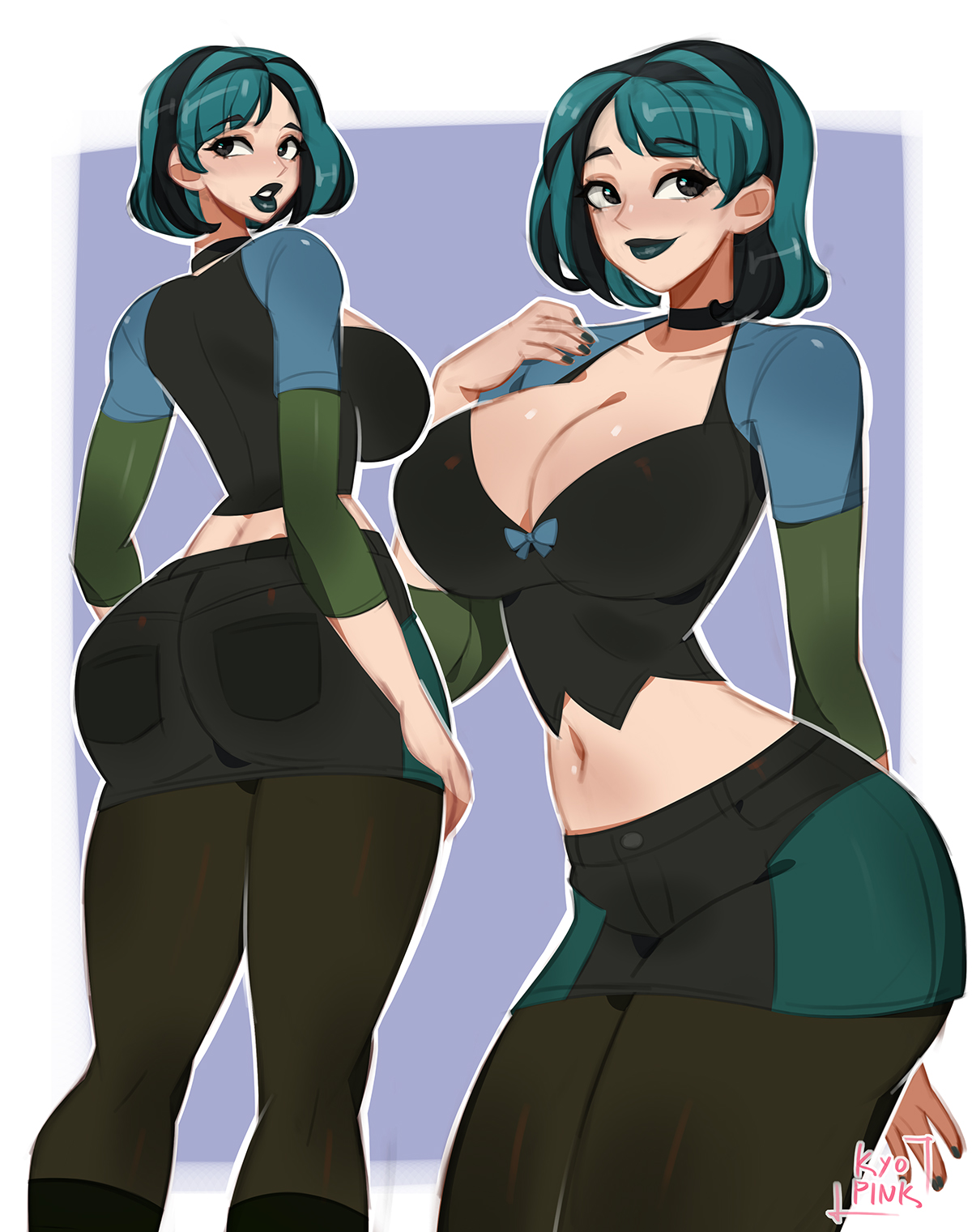1girls, 2d, 2d (artwork), 2d artwork, artist logo, ass, belly, belly button, big ass, big breasts, big butt, big hips, big thighs, big titties, black eyes, black lipstick, breasts, cartoon network, cleavage, cleavage cutout, clothed, clothed female, clothes, cropped legs, dark green hair, digital drawing (artwork), digital media, digital media (artwork), ear, emo, emo girl, emo hair, female focus, female only, girl, goth, goth girl, gwen (tdi), hair, hips, human, human female, humanoid, kyopink, legwear, light skin, light-skinned female, lips, lipstick, multicolored hair, multiple views, nail polish, nails painted, navel, neck ribbon, neckwear, no dialogue, painted fingernails, painted nails, revealing clothes, revealing clothing, revealing outfit, ribbon, shiny breasts, shiny skin, short hair, short skirt, skirt, slim, slim female, slim girl, smile, smiling, stockings, suggestive, suggestive look, text, thick thighs, thighs, tight shirt, total drama (series), total drama island, two tone hair, warner bros, warner brothers, watermark