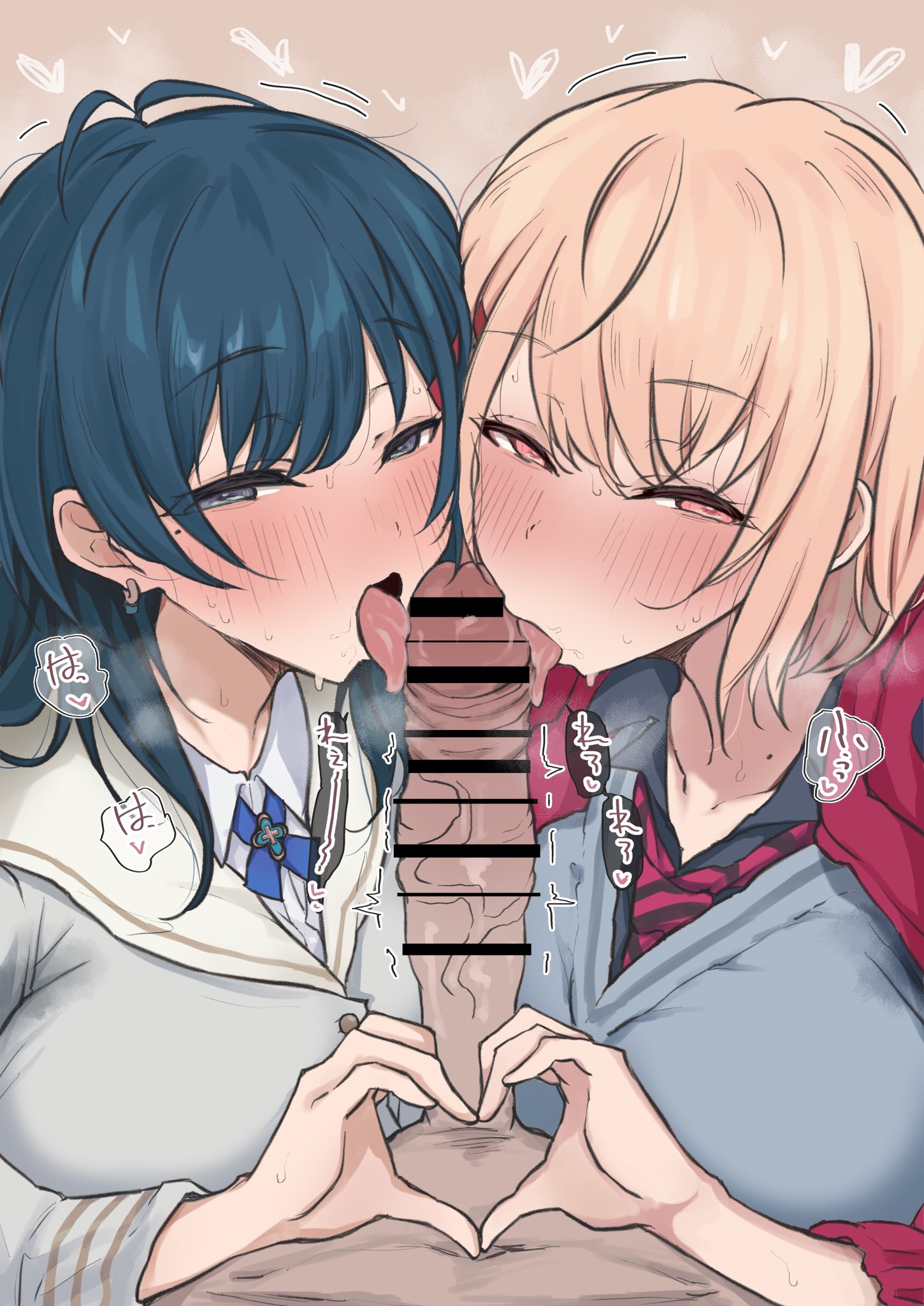 1boy, 2girls, big penis, blush, cock worship, dark-skinned male, double blowjob, erect penis, erection, first person view, foreskin, horny, huge cock, large breasts, large penis, licking, licking penis, looking at viewer, minamo madoka, nijisanji, pleasure face, pov, pov eye contact, shirasa ayane, shuubetsukouta, thick penis, veiny penis, virtual youtuber