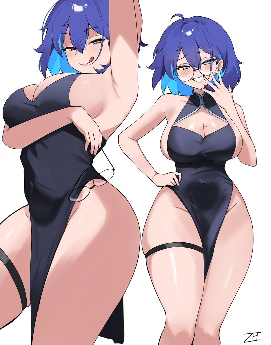 1girls, arm behind head, big breasts, black dress, blue eyes, blue hair, blush, breasts, china dress, chinese clothes, cleavage, dress, female, female only, glasses, heart, huge breasts, large breasts, licking lips, looking at viewer, meru (twt zet), multicolored hair, multiple views, original, pelvic curtain, short hair, sleeveless, sleeveless dress, smile, symbol-shaped pupils, thigh strap, tongue, tongue out, zet (twt zet)
