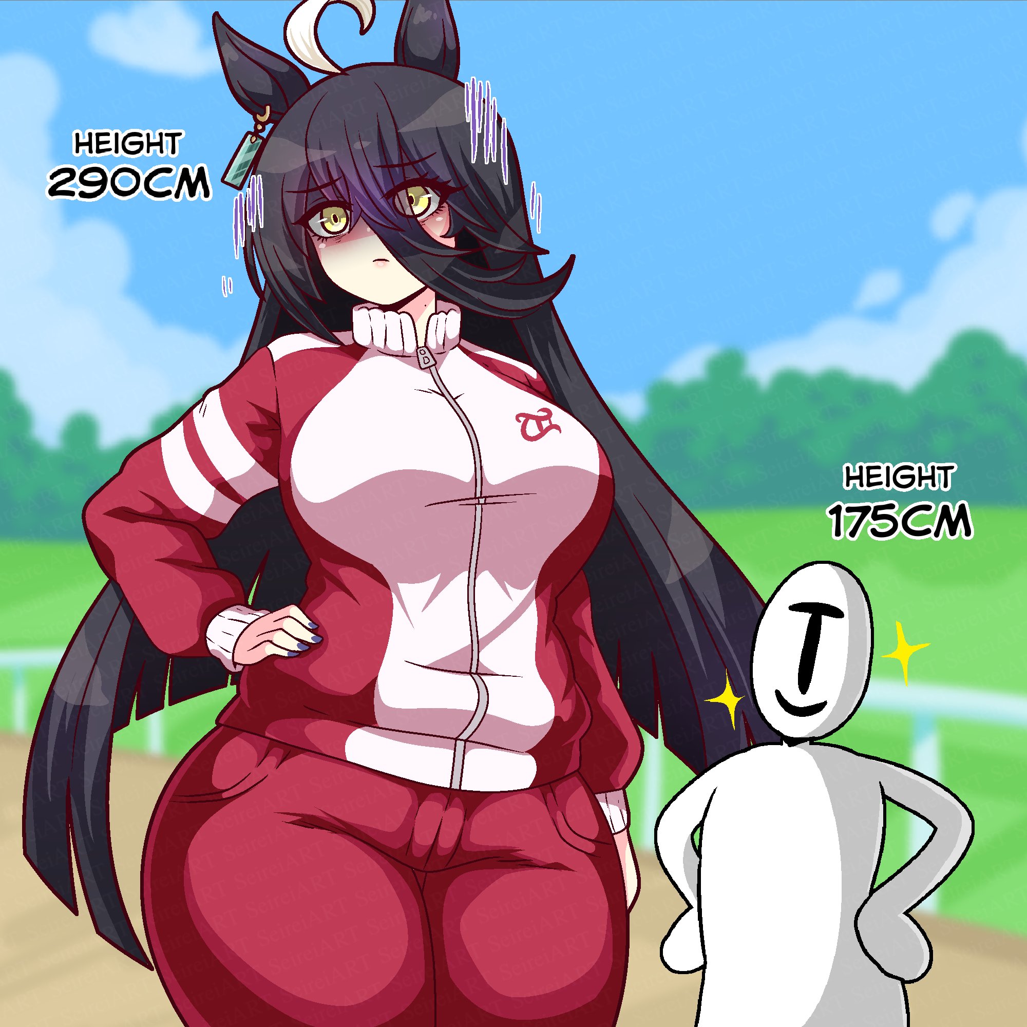 1boy, 1girls, big breasts, bigger female, black hair, black hair female, breasts, female, female focus, giantess, height difference, larger female, manhattan cafe (umamusume), mini giantess, seireiart, size difference, trainer (umamusume), umamusume, umamusume pretty derby