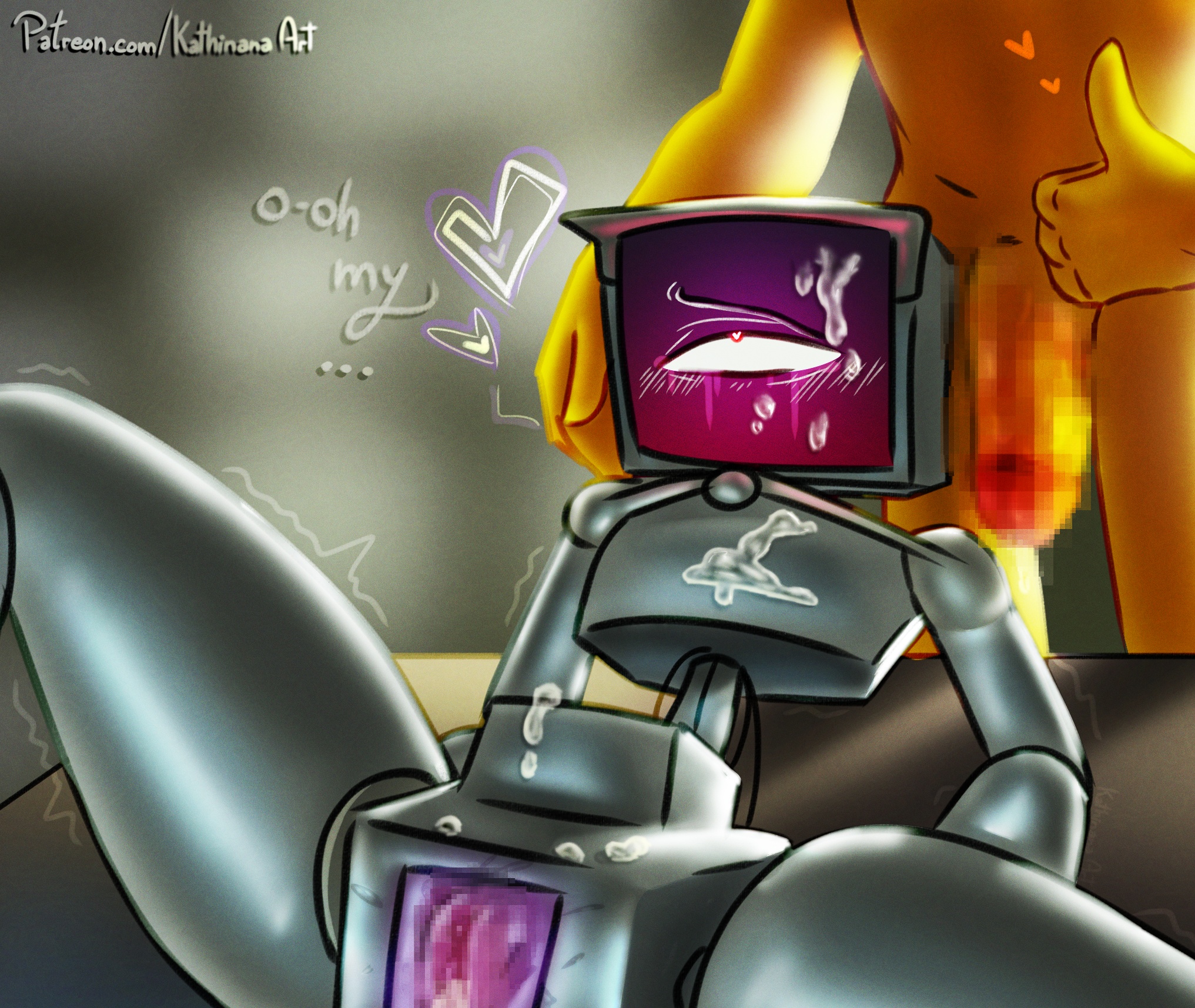 censored, cum, cum on body, harley sawyer, kathiana art, laying on back, on the table, patreon, patreon logo, patreon url, player (poppy playtime), poppy playtime, poppy playtime (chapter 4), protagonist (poppy playtime), robot, seductive, the doctor (poppy playtime), thighs, tv head