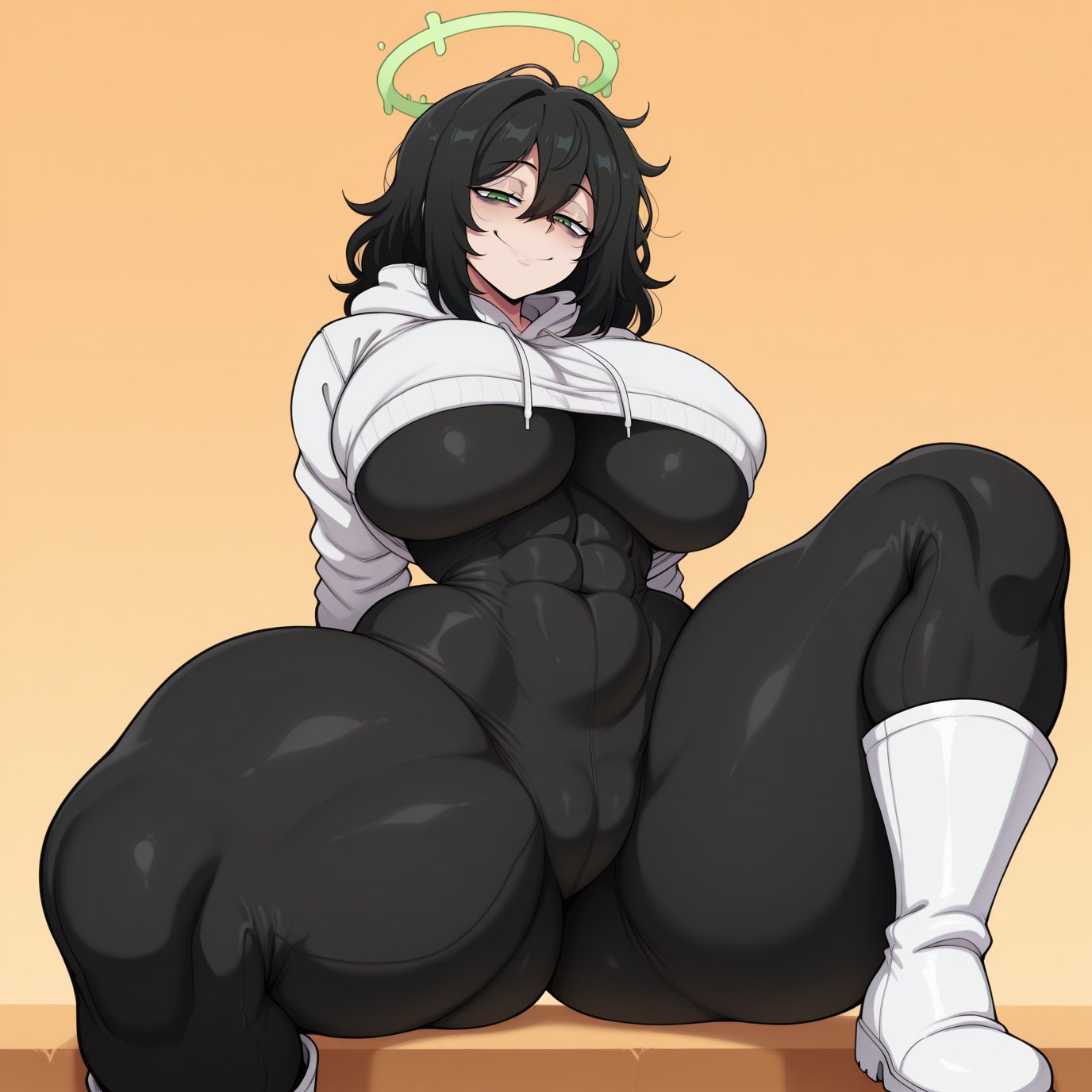 1girls, 2025, agustina (memch0), ai generated, areola bulge, areolae, big ass, big breasts, black hair, bodysuit, bubble butt, cameltoe, child bearing hips, dat ass, dumptruck ass, el memc, fat ass, female, female only, green eyes, halo, huge ass, huge breasts, hyper breasts, imminent sex, looking at viewer, looking pleasured, memch0, muscular, muscular female, oc, original, original character, posing, posing for the viewer, thick thighs, thunder thighs, tight clothing