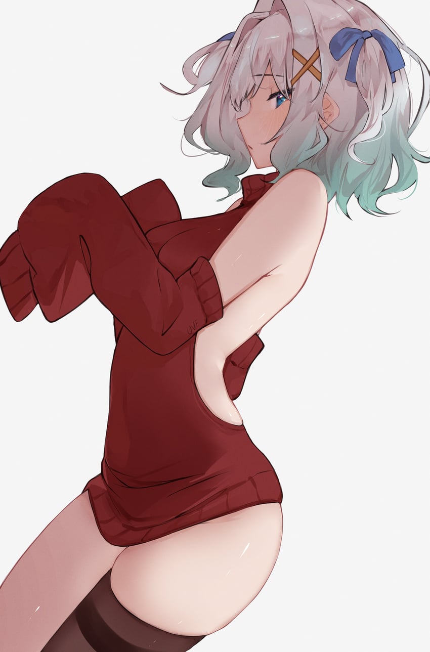 1girls, alternate outfit, ass, backless outfit, backless sweater, bare back, densetsu.exe, female, gradient hair, long sleeves, looking at viewer, medium breasts, mint fantome, multicolored hair, red sweater, shiny skin, short hair, simple background, single thighhigh, sleeves past fingers, sleeves past wrists, solo, sweater, thighhighs, two side up, uve, virgin killer sweater, virtual youtuber, vtuber, wavy hair, white hair