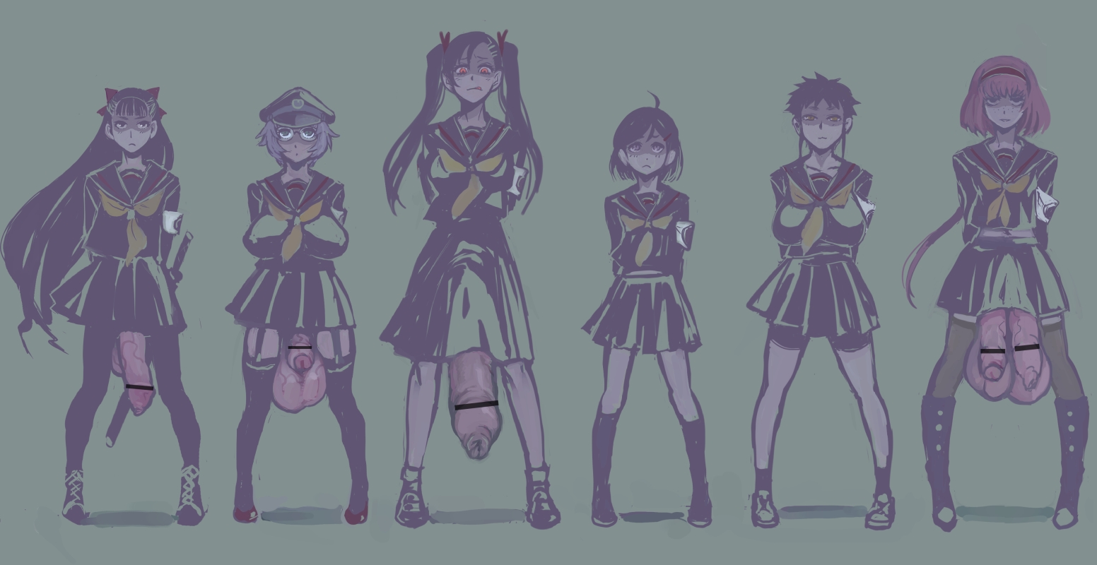 2girls, 4futas, 6girls, balls, balls under clothes, black hair, bottomless skirt, breasts, censored, comparison, diphallia, diphallism, erection, erection under clothes, erection under skirt, female, female with female, flaccid, foreskin, futa with female, futa with futa, futanari, grey hair, hair, hat, hemipenes, hyper, hyper balls, hyper penis, intersex, large breasts, lineup, long hair, looking at viewer, multi genitalia, multi penis, penis, penis out, penis under clothes, penis under skirt, radiohead, red eyes, red hair, shoes, short hair, skirt, skirt lift, socks, standing, testicles, thighhighs, uncircumcised