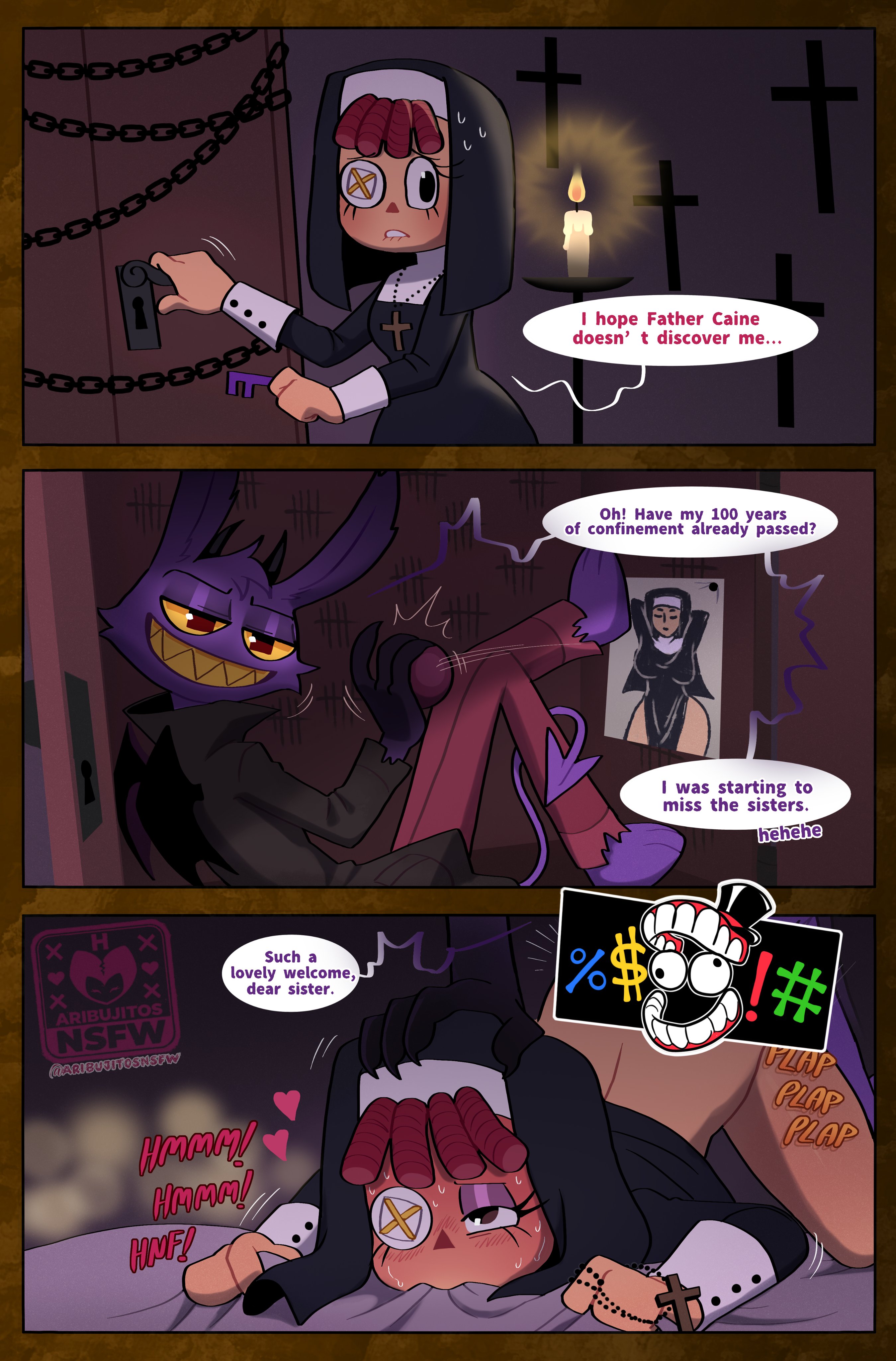 1boy, 1girls, anthro, ari dibujitos, aribujitosnsfw, blush, censor bar, comic, devil, doggy style, doll, female, furry, glitch productions, jax (the amazing digital circus), lagomorph, male, male/female, nun, nun outfit, rabbit, ragatha (the amazing digital circus), ragdoll, sex, the amazing digital circus, vaginal penetration, vaginal sex
