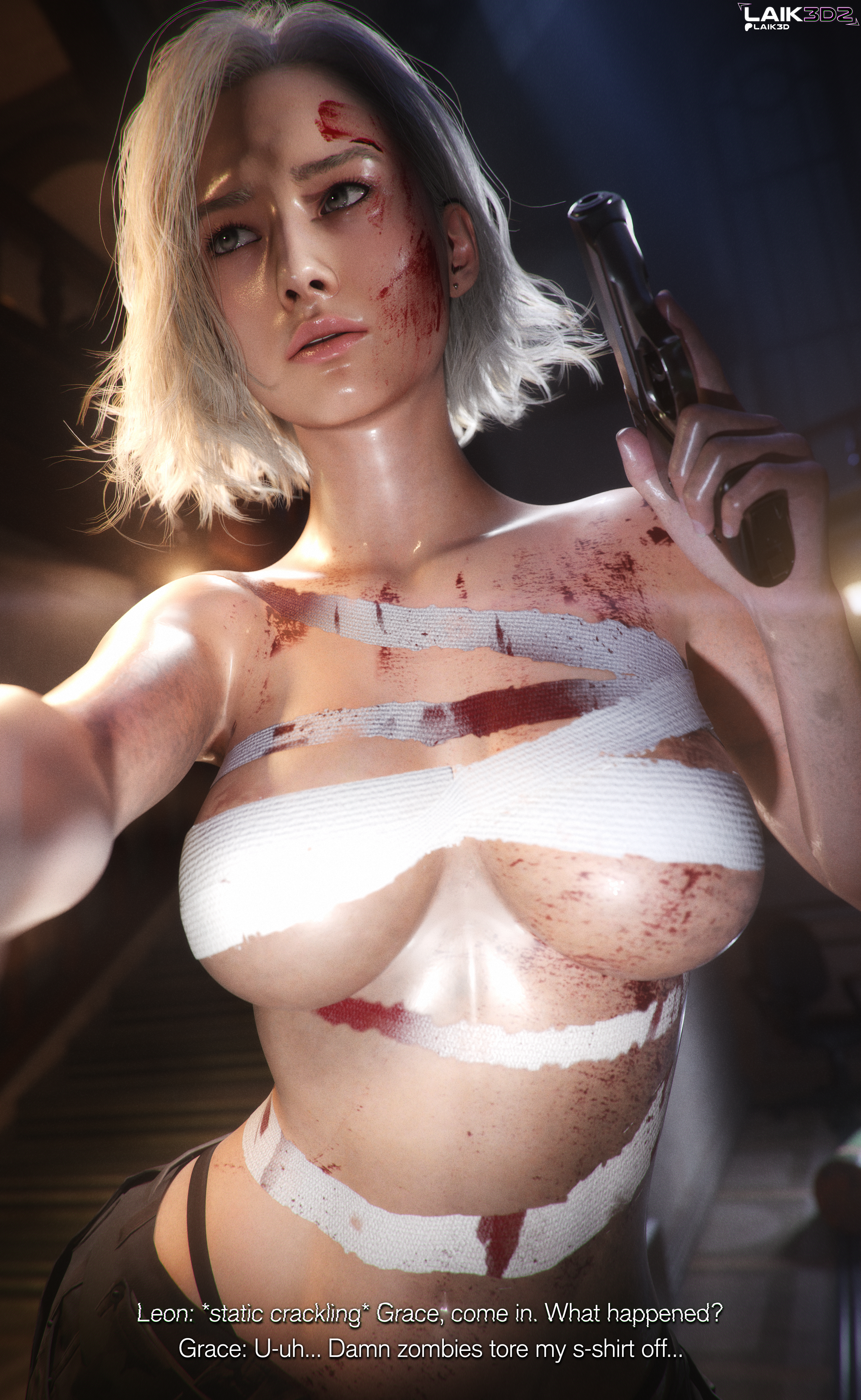 3d, 3d (artwork), bandage, blender, blood stain, blue eyes, breasts, dialogue, dirty, female, grace ashcroft, grace ashcroft (julia pratt), gun, laik3d, laik3d2, leon scott kennedy, resident evil, resident evil 9: requiem, selfie, subtitled, sweat, sweaty, sweaty body, sweaty breasts, underboob, weapon, wrappings