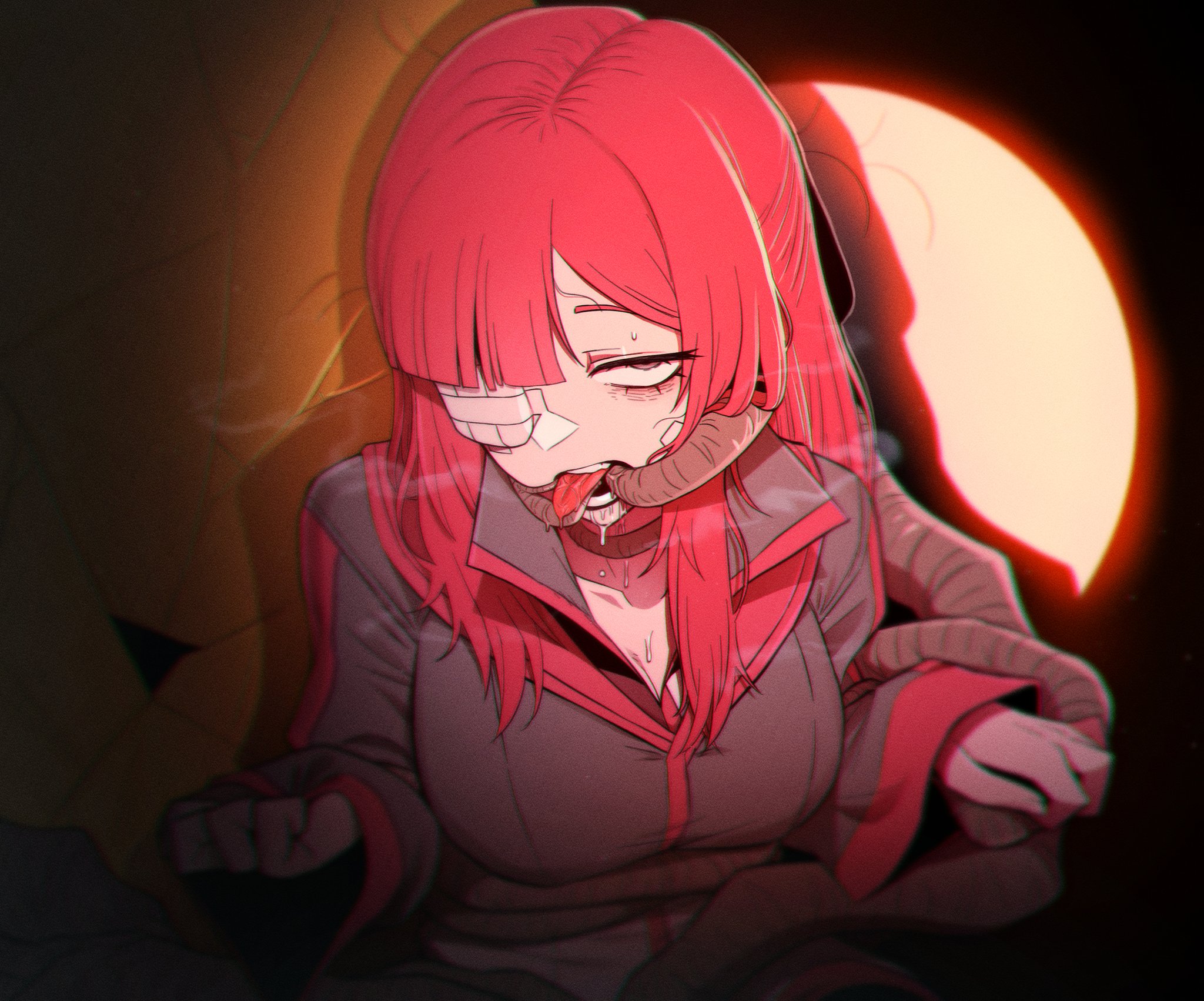 abnormality (project moon), covered eye, drooling, female, golden apple (limbus company), limbus company, misg1111, monster on female, orgasm face, pleasure face, project moon, red hair, rolling eyes, tentacle, tentacle in mouth, yuri (limbus company)