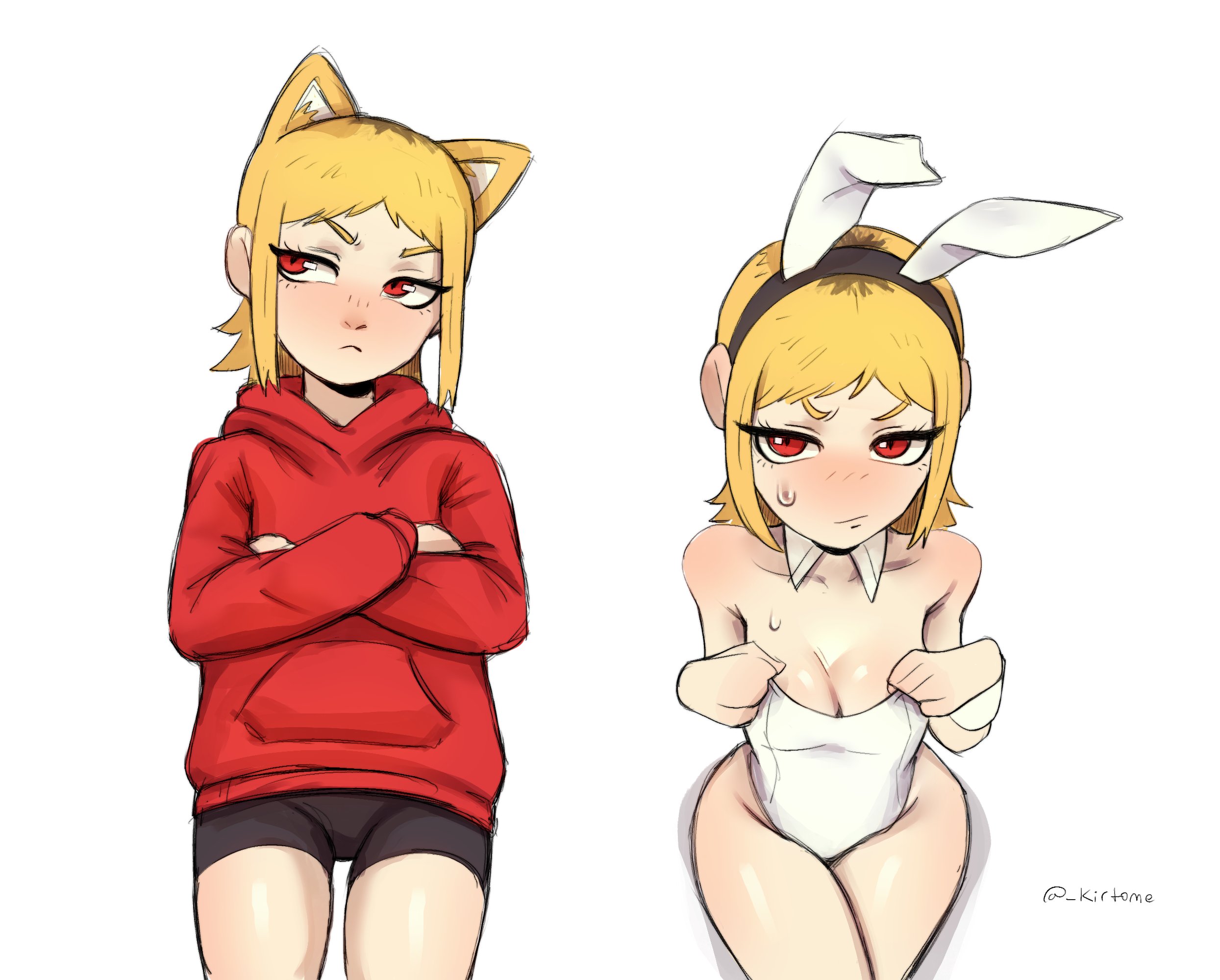 1girls, above view, blonde hair, breasts, bunny ears, bunnysuit, cat ears, chainsaw man, cute, female, female only, fringe, kirtome, light skin, light-skinned female, looking at viewer, medium hair, petite, petplay, red eyes, roleplay, sawatari akane, seductive eyes, seductive look, short hair, skinny, slim, slit pupils, small breast, small fringe, teenager, young