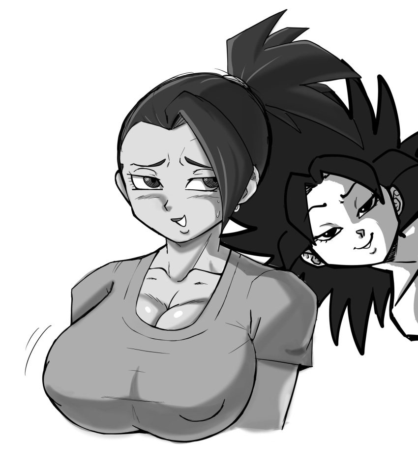 2girls alternate_breast_size black_hair caulifla cleavage dragon_ball dragon_ball_super earring female female_only huge_breasts kale looking_at_viewer multiple_girls nipple_bulge pseudocel shounen_jump tight_fit