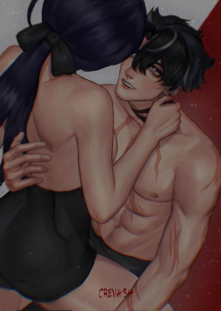 1boy, 1girls, ass, before sex, big ass, clorinde (genshin impact), clothed, cowgirl position, female, genshin impact, lingerie, long hair, male, muscular, muscular male, nude, scars, shorts, tight pants, wriothesley (genshin impact)