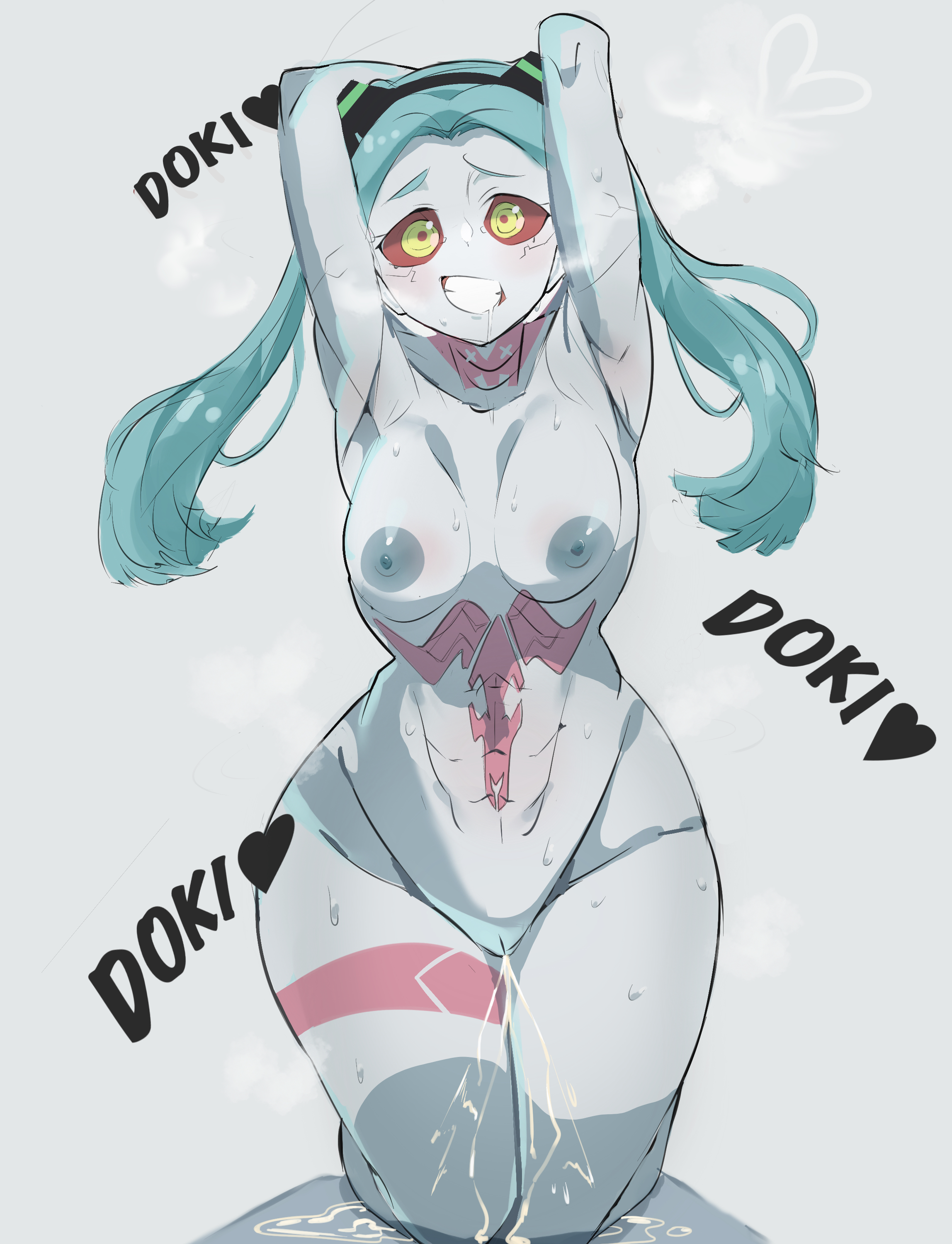 1girls, armpits, arms behind head, breasts, cum, cyberpunk: edgerunners, female, looking at viewer, rebecca (edgerunners), smile, solo, thighs, twintails