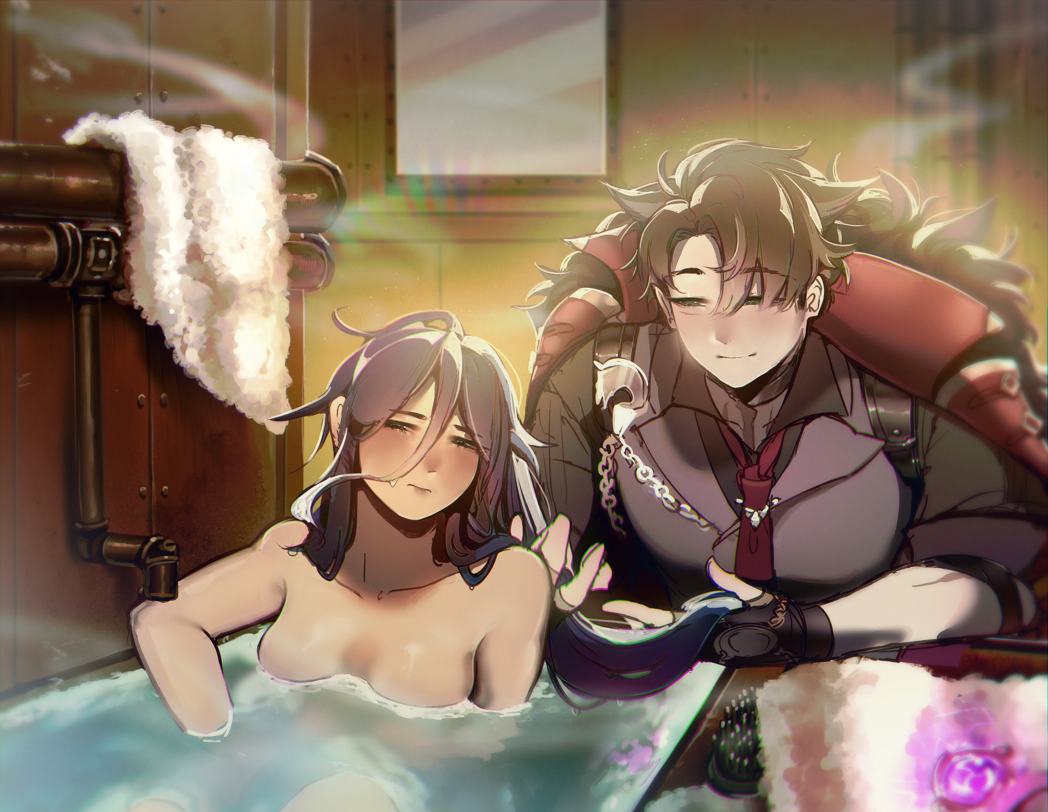 1boy, 1girls, bathing, bathroom, blush, breasts, clorinde (genshin impact), clothed male nude female, female, genshin impact, hand on hair, male, nervous, nude, nude female, shower, washing, wholesome, wriothesley (genshin impact)