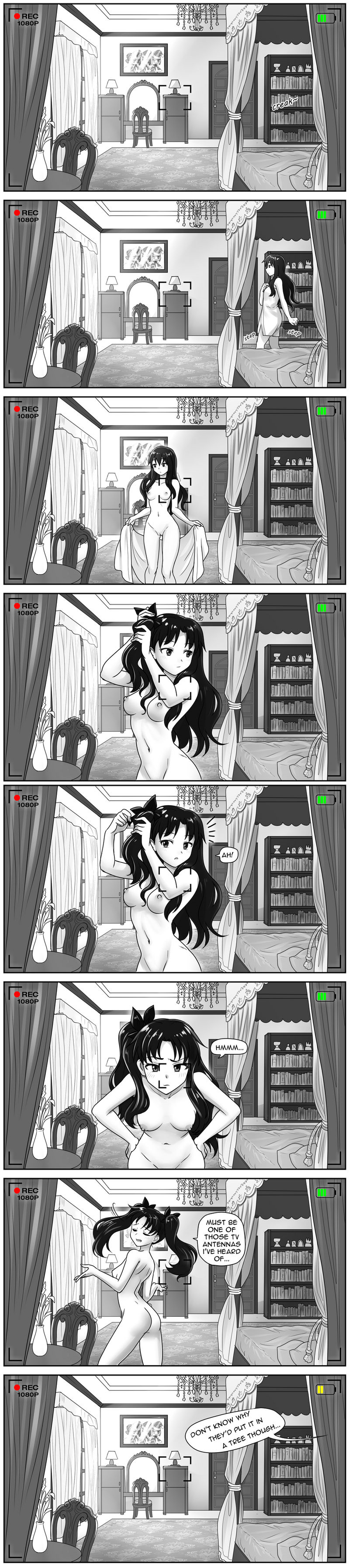 1girls ass boobs breasts butt camera camera_pov comic dialogue english_text fate_(series) female female_only monochrome naked naked_female nude nude_female padoru_(meme) skechplezures solo text tits tohsaka_rin towel unaware voyeurism