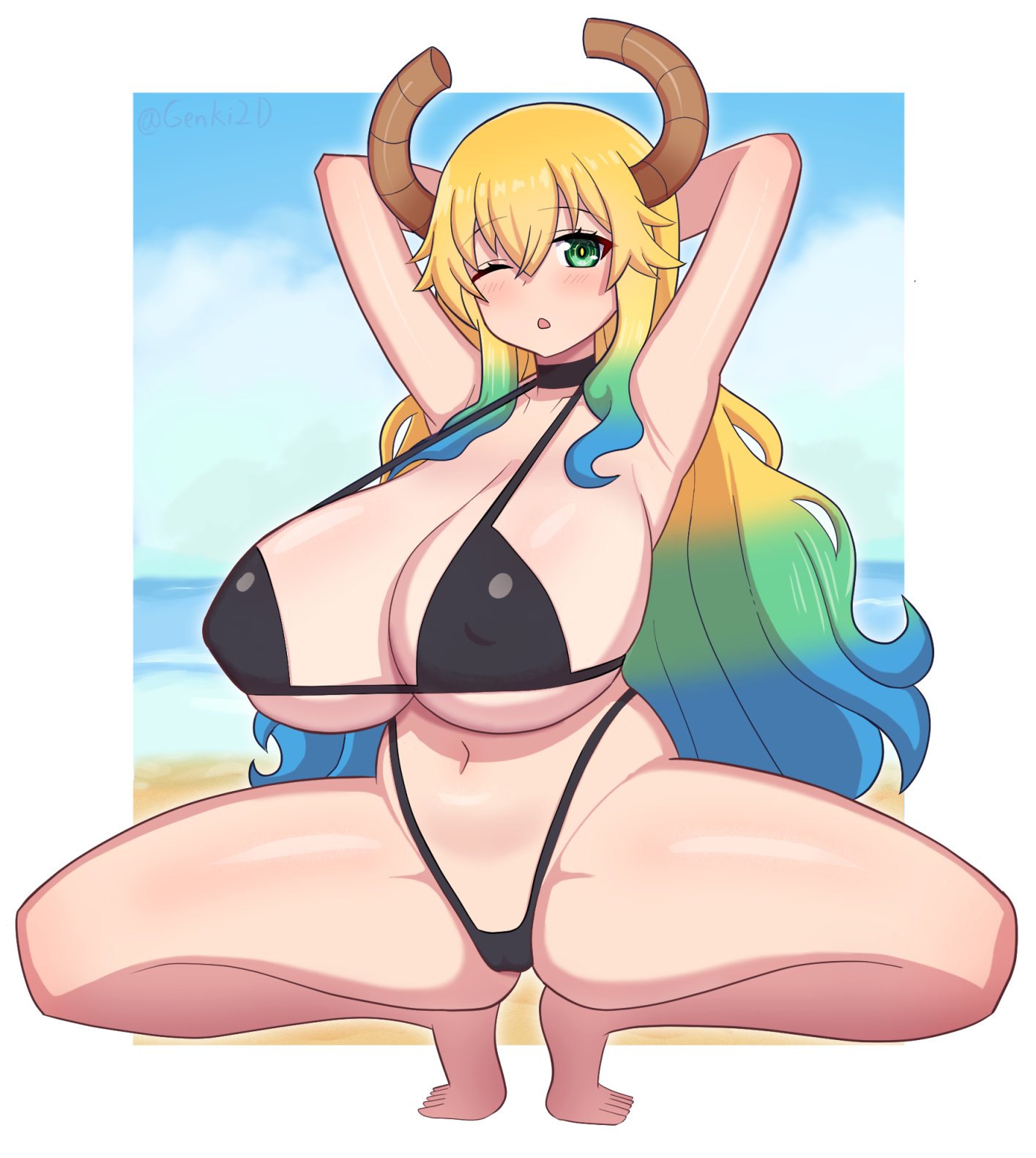 1girls, big breasts, blonde hair, blue hair, breasts, female, female only, genki2d, green hair, large breasts, lucoa, miss kobayashi's dragon maid, multicolored hair, quetzalcoatl (dragon maid), quetzalcoatl (miss kobayashi's dragon maid), solo, spread legs, squatting, tagme