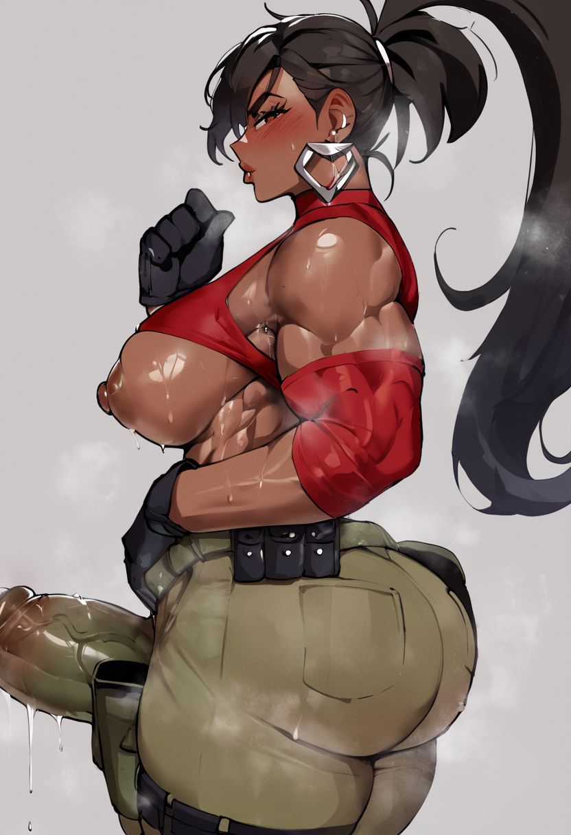 1futa abs ai_generated ben_10 ben_10_omniverse black_hair brown_eyes cartoon_network dark-skinned_futanari dark_skin earrings erect_nipples erection_under_clothes female futanari kai_green mostly_clothed muscular muscular_futanari penis ponytail ripped_clothing roughtriumph tagme