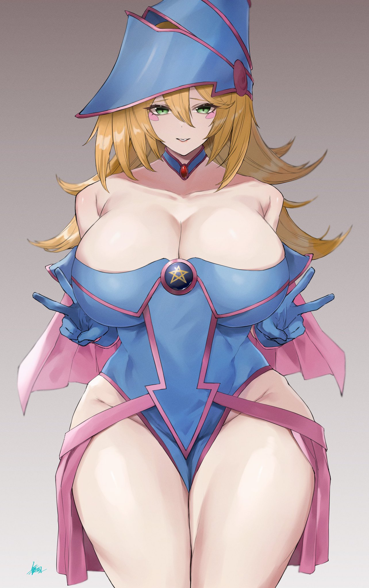 1girls, 2020, 2023, 2d, 2d (artwork), 5 fingers, big breasts, big hips, blonde female, blonde hair, blonde-haired female, blush, blush stickers, breasts, breasts bigger than head, cleavage, clothed, clothed female, clothes, clothing, crystal gem, crystals, curvy, curvy female, curvy hips, curvy thighs, dark magician girl, duel monster, eyes half open, eyes open, fanart, female, female focus, female only, gem, gemstone, glove, gloves, green eyes, grey background, hair, half dressed, half nude, half-closed eye, half-closed eyes, half-dressed, hat, higher resolution available, huge breasts, human, human only, jewel, kataku musou, konami, light skin, light-skinned female, long hair, looking at viewer, necklace, no dialogue, no humans, nude, nude female, open mouth, partially clothed, partially nude, partially undressed, peace sign, pentagram, pov, pov eye contact, pussy, pussy visible through clothes, shy, shy smile, simple background, skirt, smile, smiling, smiling at viewer, solo, solo female, solo focus, spiky hair, tease, teasing, teasing viewer, teeth, teeth clenched, teeth showing, teeth visible, text, thick thighs, thighs, vagina, vagina visible through clothing, voluptuous, voluptuous female, watermark, wide hips, witch, witch hat, yellow hair, yu-gi-oh!