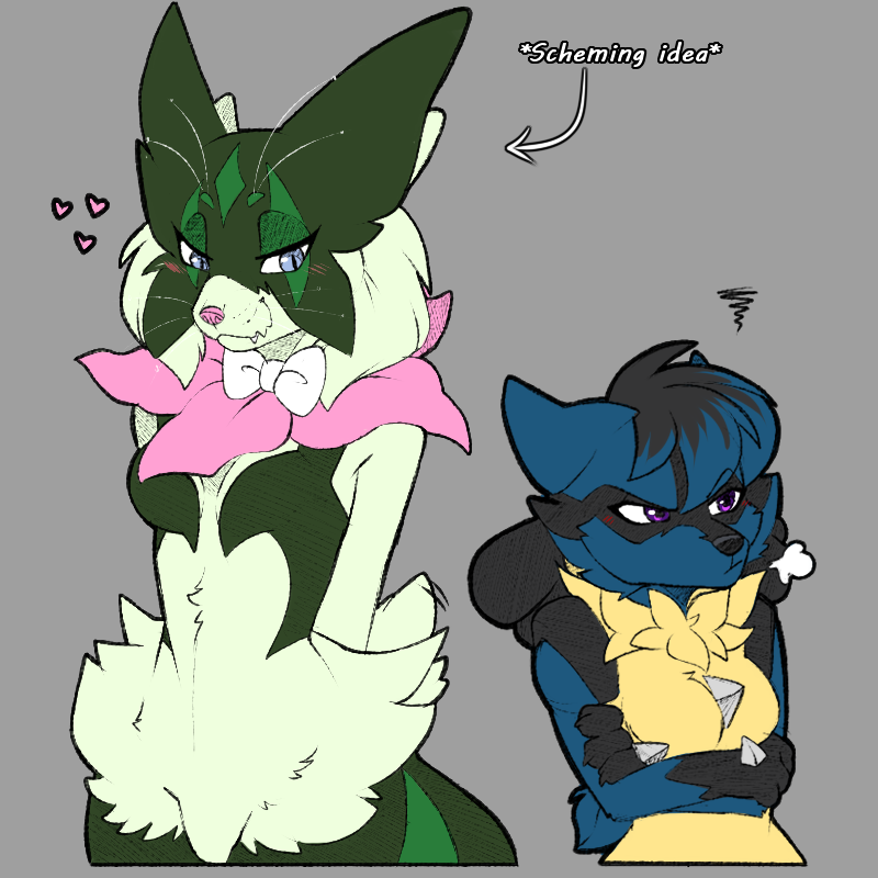 2022 2girls belly_tuft blue_eyes blue_fur blue_hair blush breasts cajunfoxnight canine claws comic english english_text fangs featureless_breasts featureless_crotch feline female female_only furry furry_only generation_4_pokemon generation_9_pokemon green_body green_fur grey_fur grey_hair grumpy heart lucario meowscarada multicolored_body multicolored_fur multicolored_hair neck_fluff paws pokémon_(species) pokemon pokemon_(species) pokemon_dppt pokemon_sv purple_eyes small_breasts steamy_breath whiskers yellow_fur