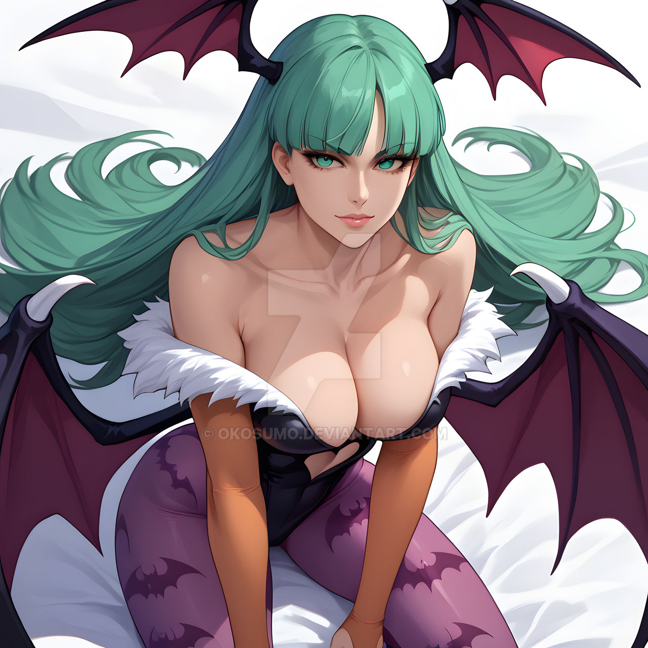 1girls, ai generated, breasts, cleavage, curvaceous, curvaceous body, curves, curvy, curvy body, curvy female, curvy figure, darkstalkers, demon, exposed breasts, female, female only, green eyes, green hair, head wings, hourglass figure, inner sideboob, light skin, light-skinned female, morrigan aensland, okosumo, sideboob, solo, solo female, succubus, voluptuous, voluptuous female