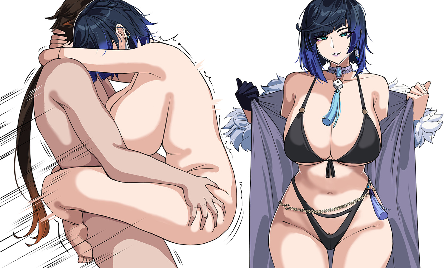 1boy, 1girls, blue hair, bra, breasts, cleavage, drogod (artist), female, genshin impact, green eyes, huge breasts, large breasts, light skin, light-skinned female, male, navel, sex, short hair, standing sex, thick thighs, thighs, wide hips, yelan (genshin impact), zhongli (genshin impact)