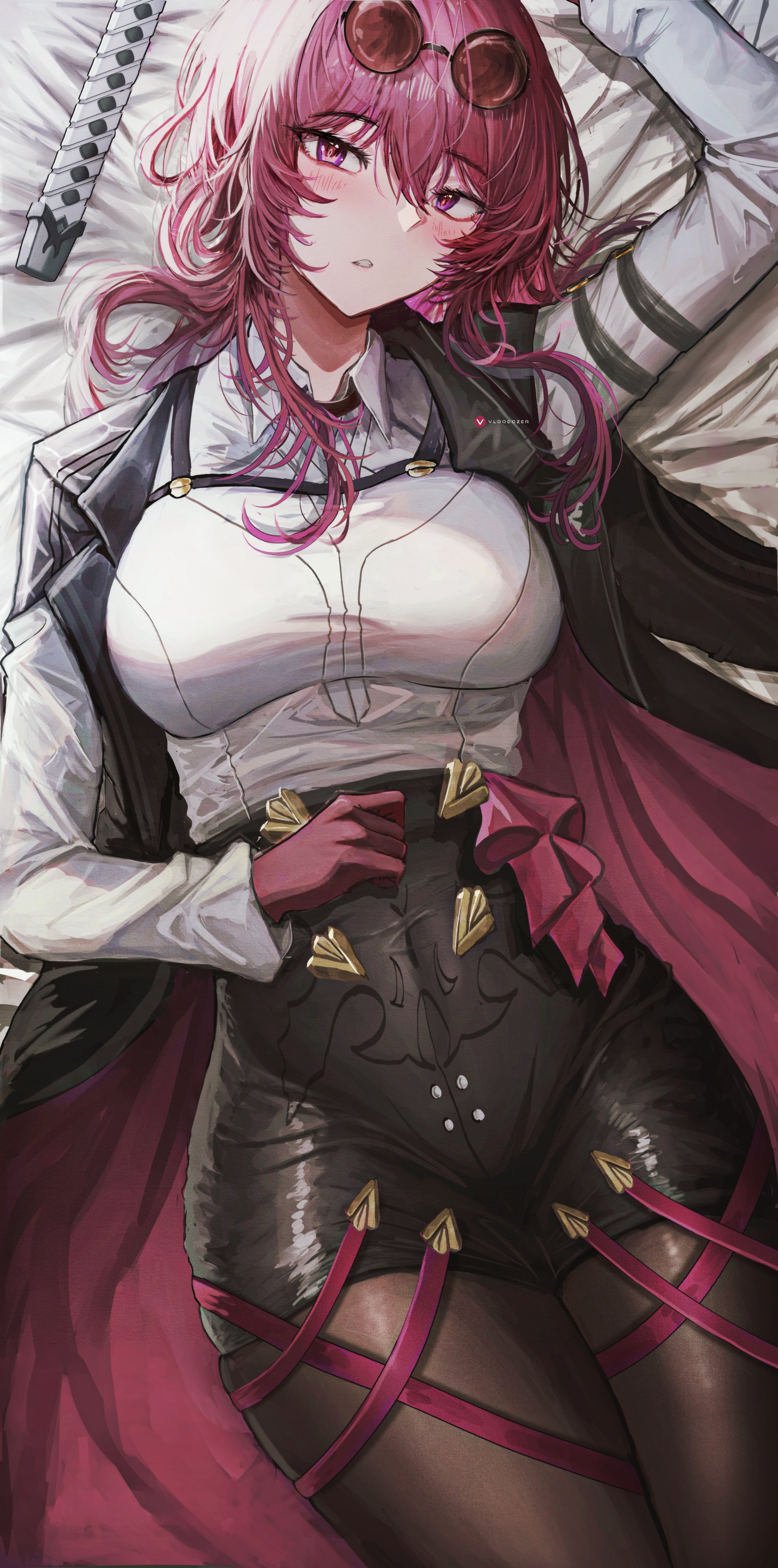 big breasts, blush, breasts, female, gloves, honkai: star rail, hoyoverse, kafka (honkai: star rail), long hair, looking at viewer, lying, lying on back, milf, purple hair, shorts, slim waist, stockings, sunglasses, sunglasses on head, tied hair, tight clothing, vloodozer, wide hips