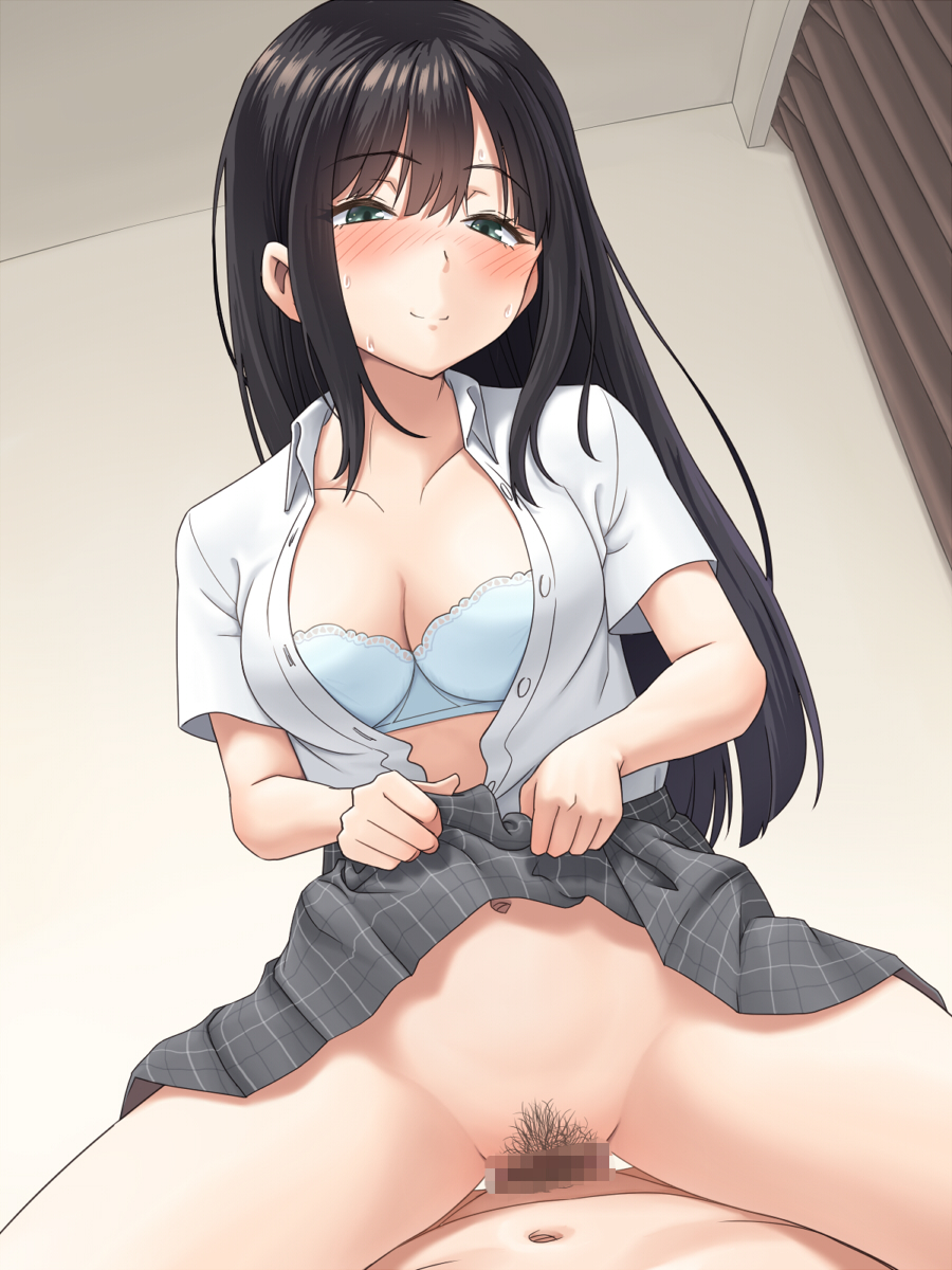 black_hair black_pubic_hair blue_bra bra censored closed_mouth clothed_female_nude_male clothes_lift collared_shirt commentary_request cowgirl_position cowgirl_position female female_pubic_hair green_eyes highres indoors lifted_by_self long_hair meow_(nekodenki) mosaic_censoring navel nude original plaid plaid_skirt pubic_hair school_uniform sex shirt short_sleeves skirt skirt_lift smile straddling sweat underwear vaginal_penetration white_shirt