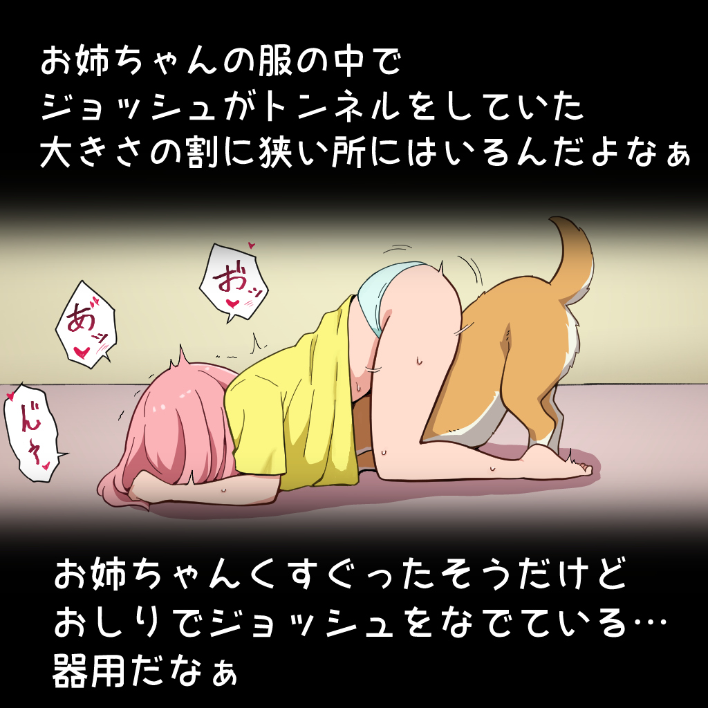 1boy, 1girls, all fours, ass, canid, canine, canis, clothed, clothed female, clothed sex, clothing, dialogue, domestic dog, female, hidden sex, japanese text, long hair, looking at viewer, lying, male, male/female, open mouth, original, original character, panties, papako, pink hair, pink panties, speech bubble, stealth sex, text, zoophilia