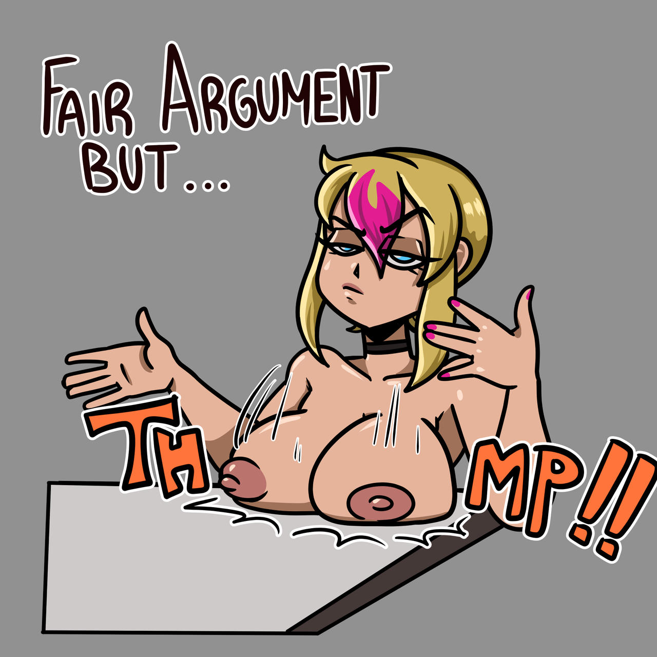 blonde_hair breasts breasts breasts eyelashes fair_argument_but… large_breasts lipstick meme original_character pink_fingernails sqootshy table thump