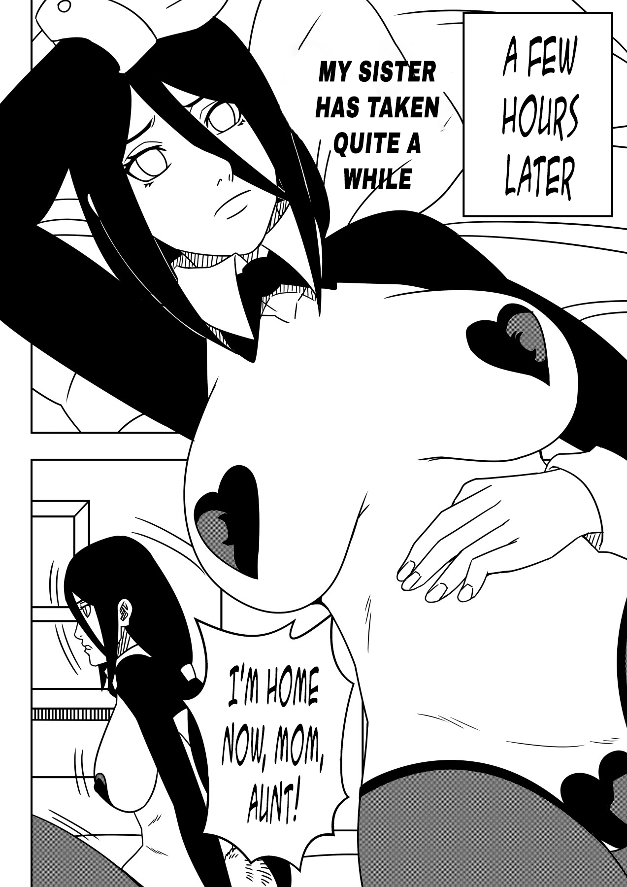 1girls, aunt and nephew, bare breasts, bare midriff, big breasts, boruto: naruto next generations, bowtie, breasts, bunny girl, bunnysuit, comic, costume, detached collar, detached sleeves, dialogue, english text, female, female only, huge breasts, hyuuga hanabi, impossible clothes, large breasts, lying, lying down, lying on back, male, midriff, monochrome, naruto, naruto (series), ninrubio, nipple pasties, offscreen character, offscreen male, pasties, revealing clothes, reverse bunnysuit, sagging breasts, skimpy, skimpy clothes, speech bubble, story, text, uzumaki boruto
