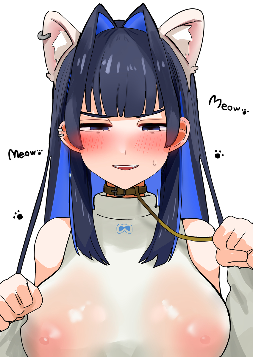 1girls big_breasts blue_eyes blue_hair blush cat_ears chimomi_ya collar ear_piercing english_text female female_focus female_only hololive hololive_english hololive_english_-council- hololive_english_-promise- huge_breasts leash long_hair nipples ouro_kronii pink_nipples revealing_clothes simple_background solo solo_female solo_focus sweatdrop virtual_youtuber