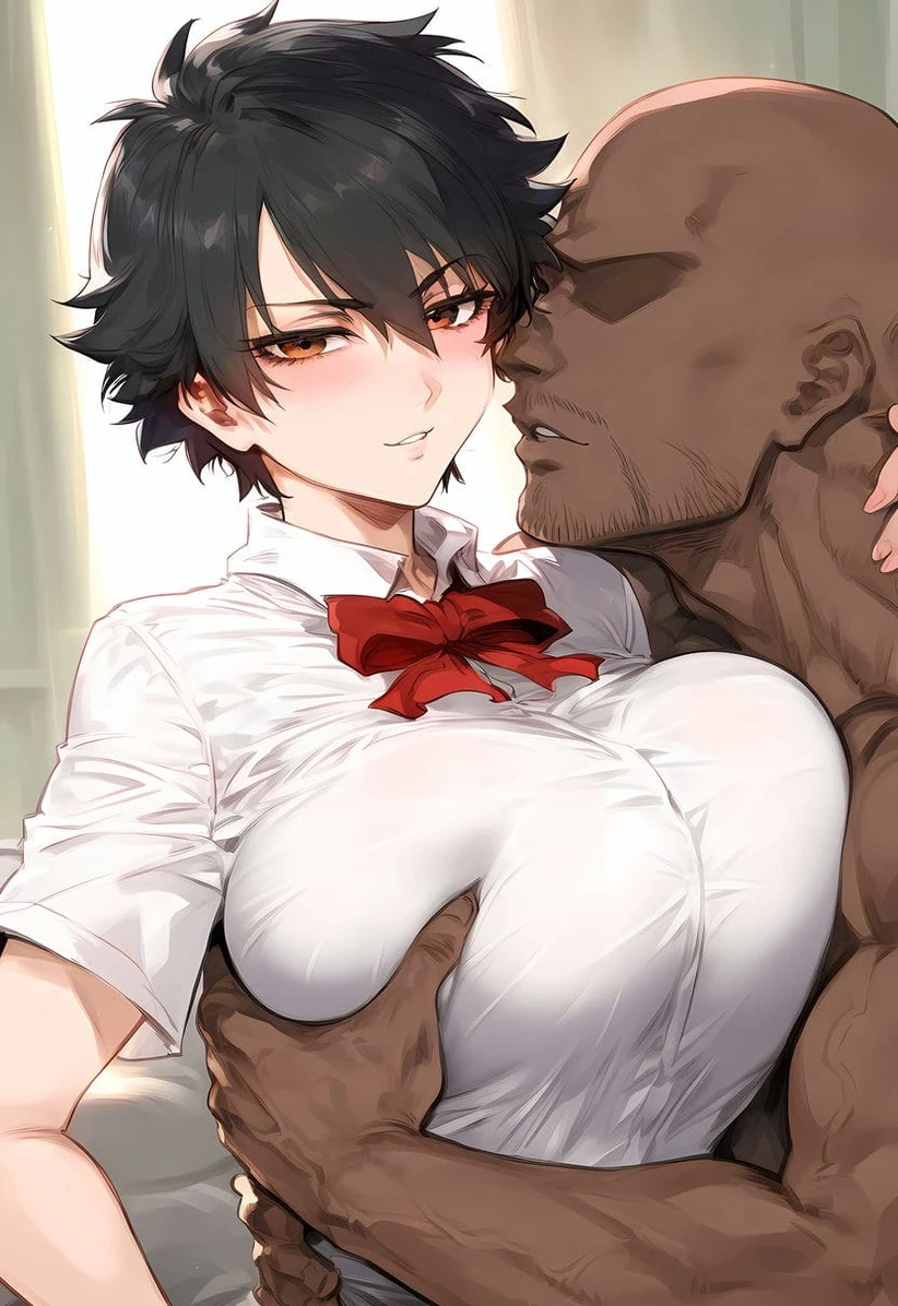 1boy 1girls ai_generated areolae_visible_through_clothing arisawa_tatsuki black_hair bleach breast_grab dark-skinned_male dark_skin gigantic_breasts huge_breasts interracial light-skinned_female light_skin looking_at_viewer massive_breasts muscular_male nakatori nipples_visible_through_clothing nude nude_male orange_eyes school_uniform schoolgirl short_hair shounen_jump smiling squatting sweat sweatdrop tatsuki_arisawa tomboy voluptuous voluptuous_female