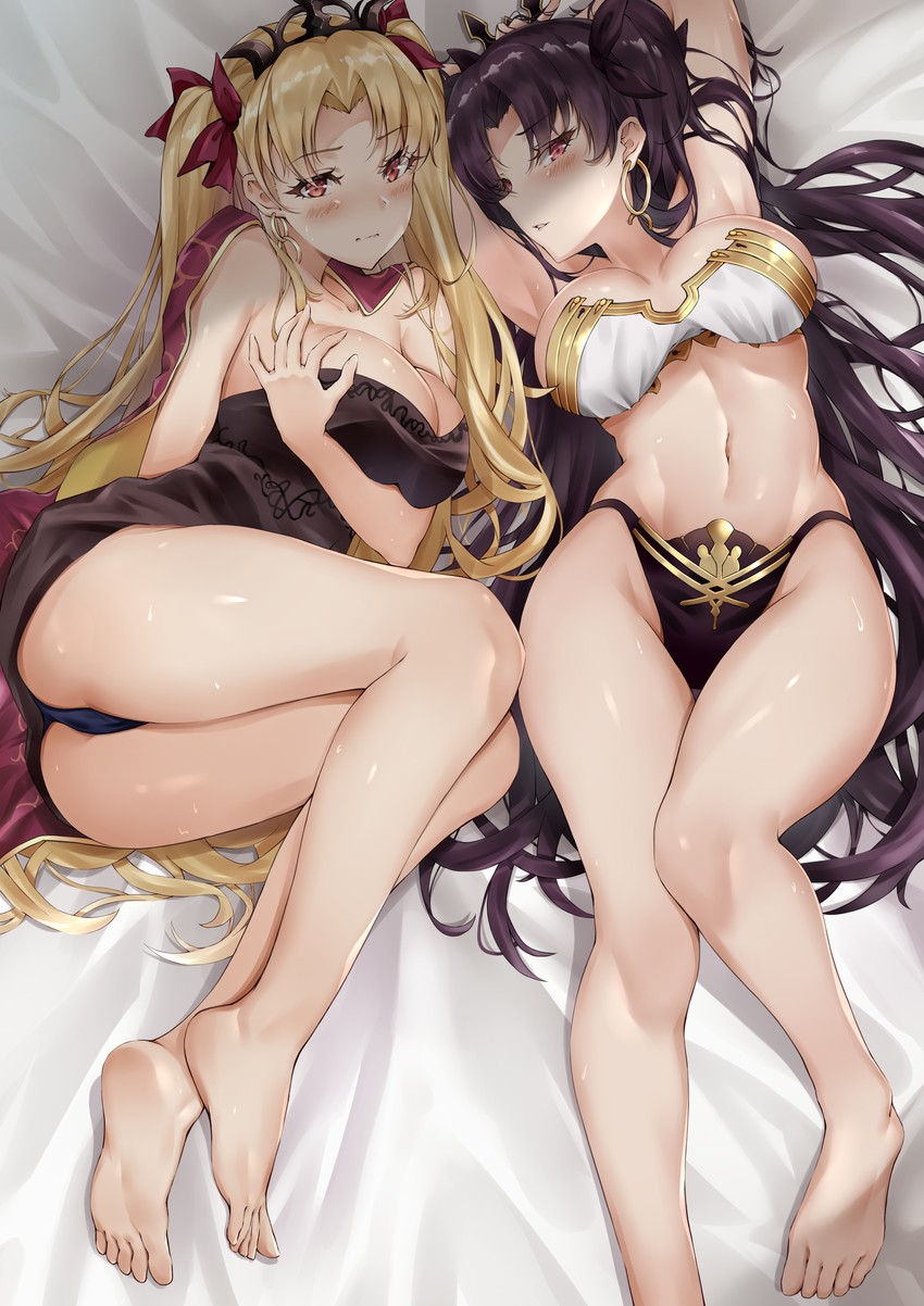 2girls bangs bed black_hair black_panties blonde_hair blue_panties blush blushing earrings ereshkigal_(fate) fate_(series) feet female female_only ishtar_(fate) minidress multiple_girls red_eyes slim_waist soles tagme twintails twintails_(hairstyle) underwear white_bra yukiaka