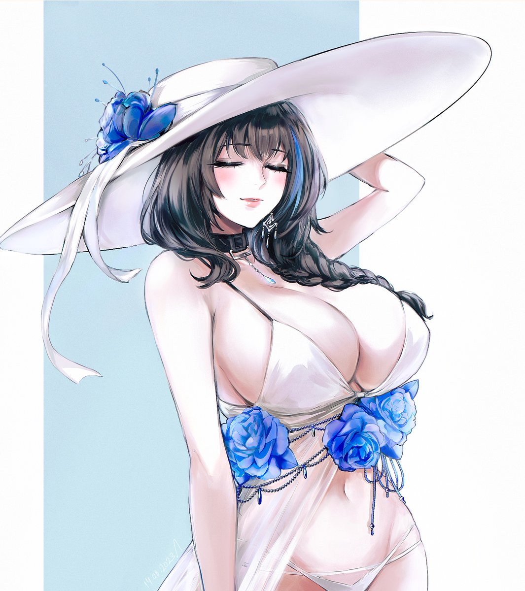 bikini black_hair blue_flower blue_hair blush braid breasts cleavage closed_eyes earrings english_commentary female flower goddess_of_victory:_nikke hair_over_shoulder hand_on_headwear hat hat_flower highres jewelry large_breasts large_hat lips long_hair mary_(bay_goddess)_(nikke) mary_(nikke) multicolored_hair navel necklace nvalkyrja official_alternate_costume parted_lips smile solo streaked_hair sun_hat swimsuit swimsuit_cover-up white_bikini white_hat