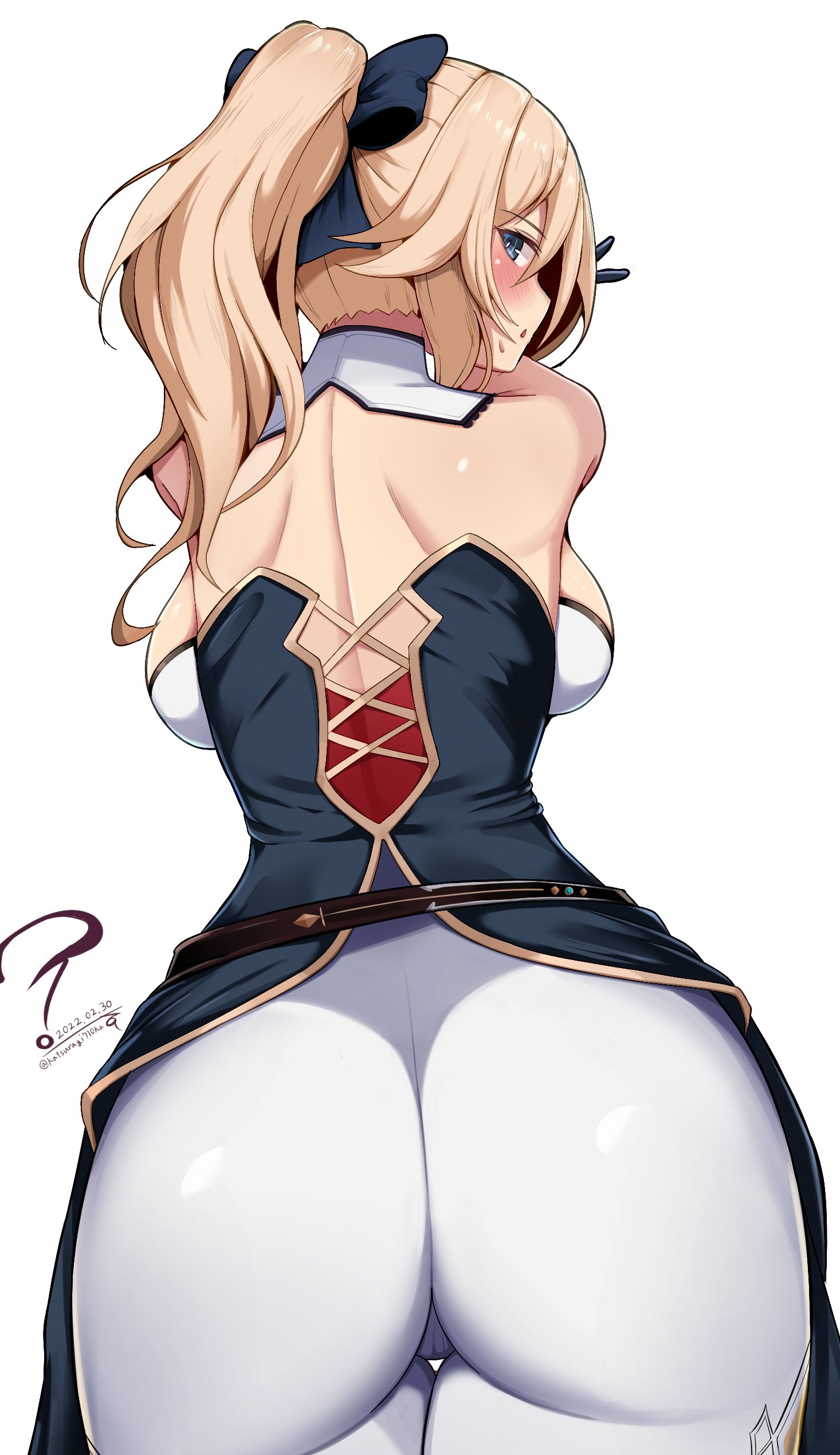 1girls, 2024, absurdres, ass, back, bare shoulders, belt, big breasts, blonde hair, blue eyes, blush, bow, breasts, female, female only, genshin impact, hairbow, highres, jean gunnhildr, katsuragi nantoka, large breasts, long hair, looking at viewer, looking back, pants, ponytail, sidelocks, solo, tight clothes, tight pants, white pants