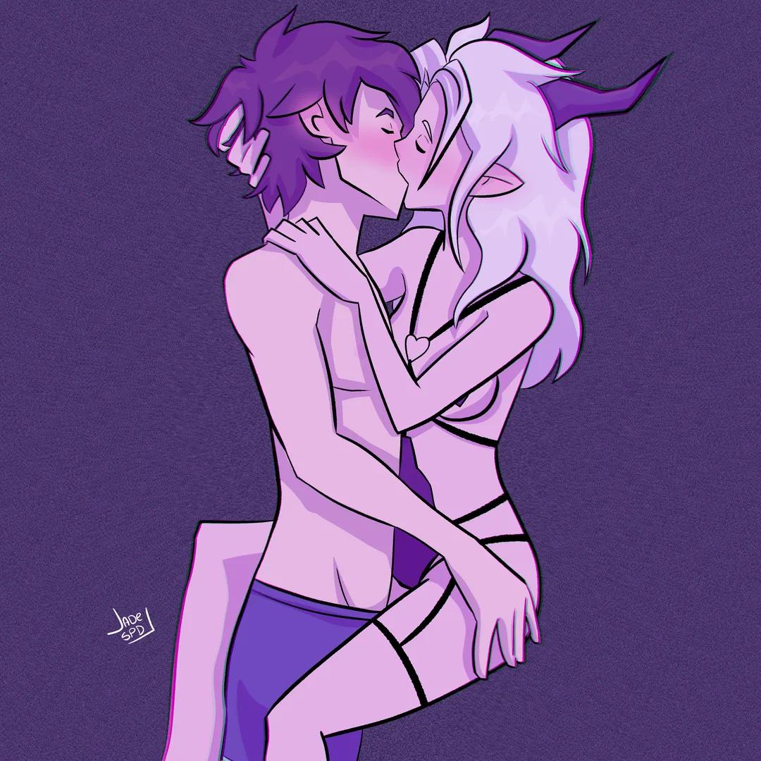 1boy 1girls boxers_(clothing) callum_(the_dragon_prince) elf_female female horns human_male kissing lingerie male nipple_pasties rayla_(the_dragon_prince) shadows_pd_(artist) the_dragon_prince